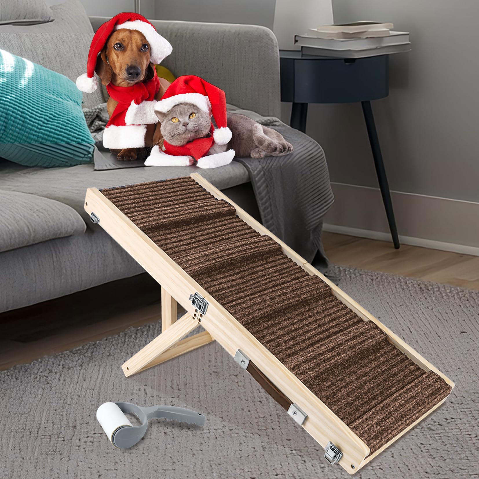 Umtiti Wooden Folding Portable Pet Ramp. 4 Levels Adjustable 9" to 17.3" with Non-Slip 5 Paw Traction Mat for Small Medium Doggie. Dog Ramps-BN,UK
