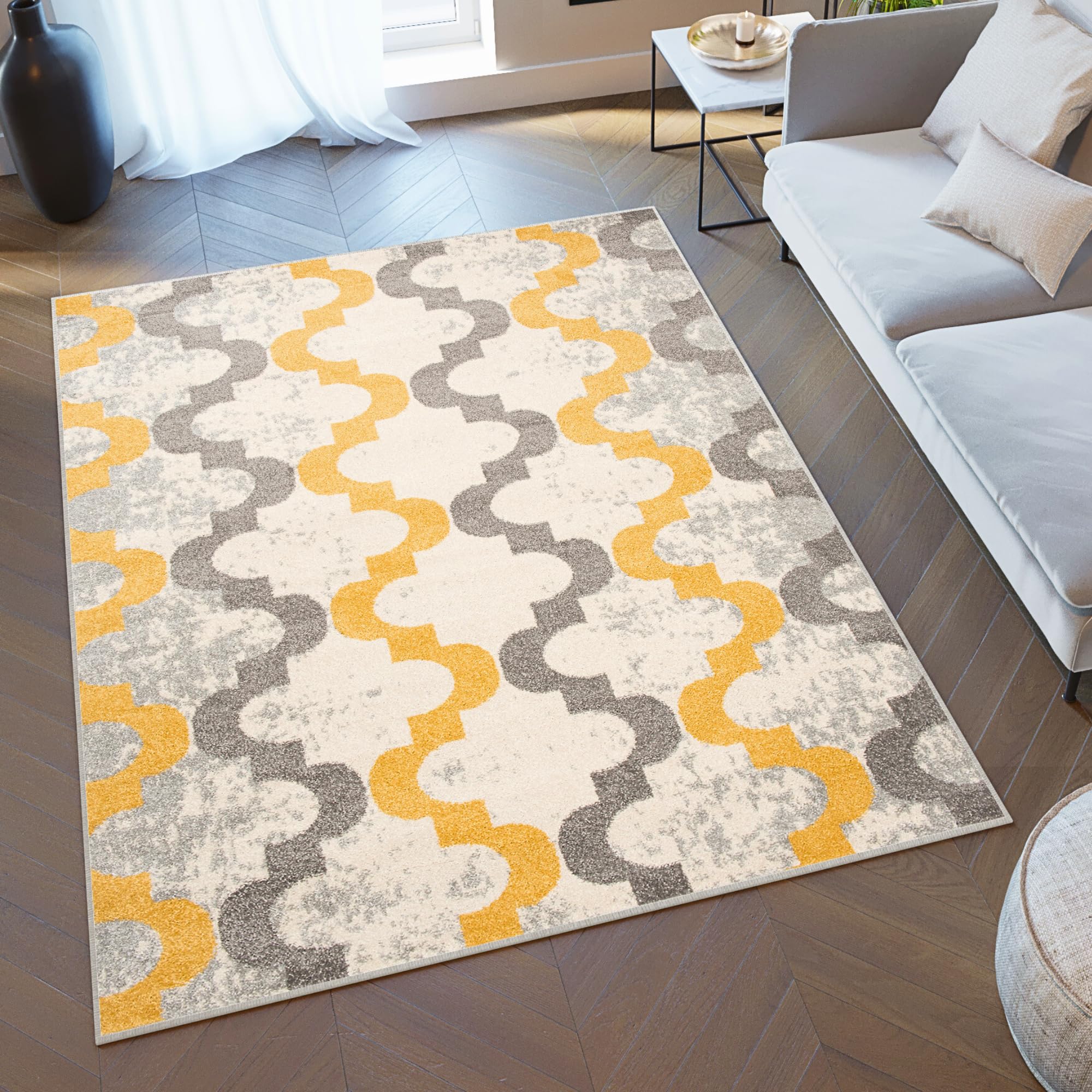 Tapiso LAZUR dywan do salonu, krótkie runo, nowoczesny design, ornament, wzór szary, kremowy, żółty, marokański, geometryczny kratka, ÖKOTEX 180 x 260 cm