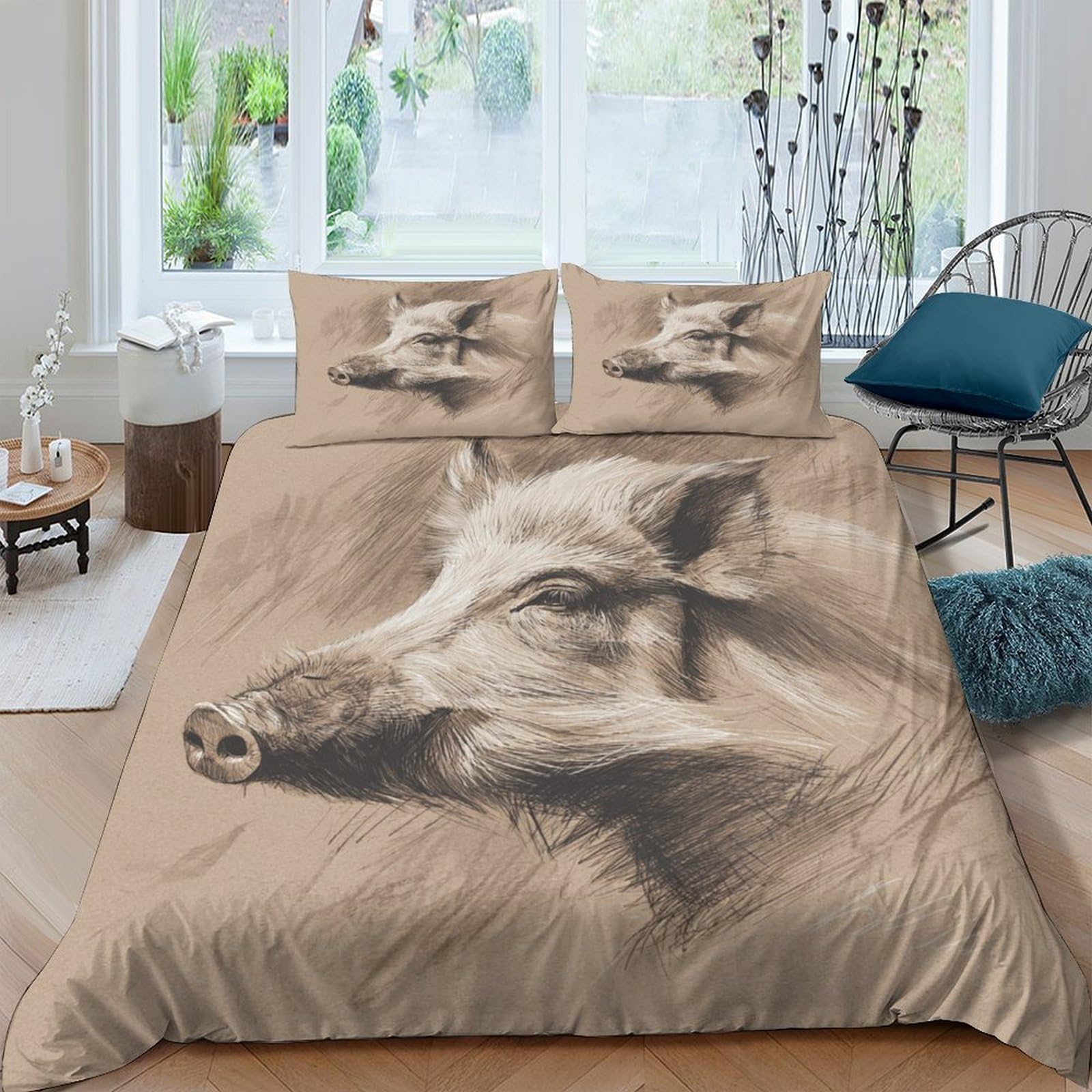 GPLZQXKJNH 3D Printed Wild Boar Duvet Cover Microfiber Soft Breathable Forest Animal Bedding Set with 2 Pillowcases for Bedroom Decor Single（135x200cm）