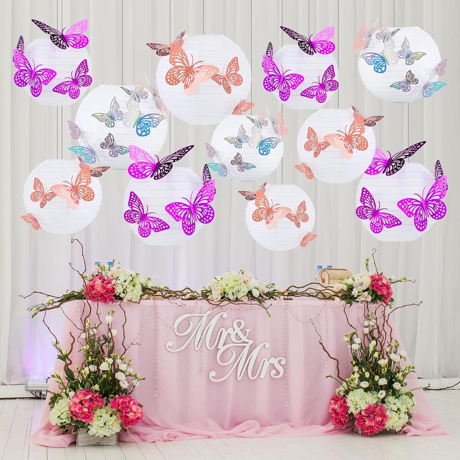 140 Pcs Butterfly Party Decorations 3D Hanging Butterfly Paper Lanterns Set White Paper Lanterns with Purple, Pink Butterfly Sticker for Wedding Butterfly Birthday Party Decorations DIY Craft