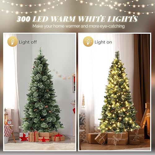 Miniatura 10 de VINGLI Árbol de Navidad artificial preiluminado de 6 pies con 500 luces LED, piñas, árbol de pino de Navidad con 900 puntas de ramas realistas de