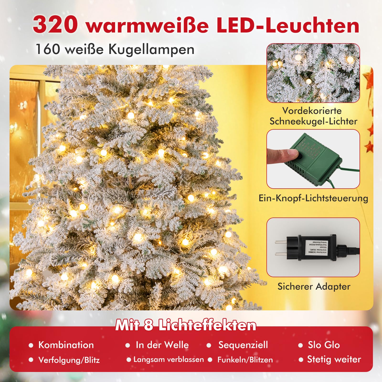 COSTWAY 210 cm Künstlicher Weihnachtsbaum mit Beleuchtung und Schnee, Tannenbaum mit 160 funkelnden Kugeln, warmweißen LED-Lichtern, 8 Lichtmodi & Metallständer, Christbaum, Kunstbaum Weihnachten