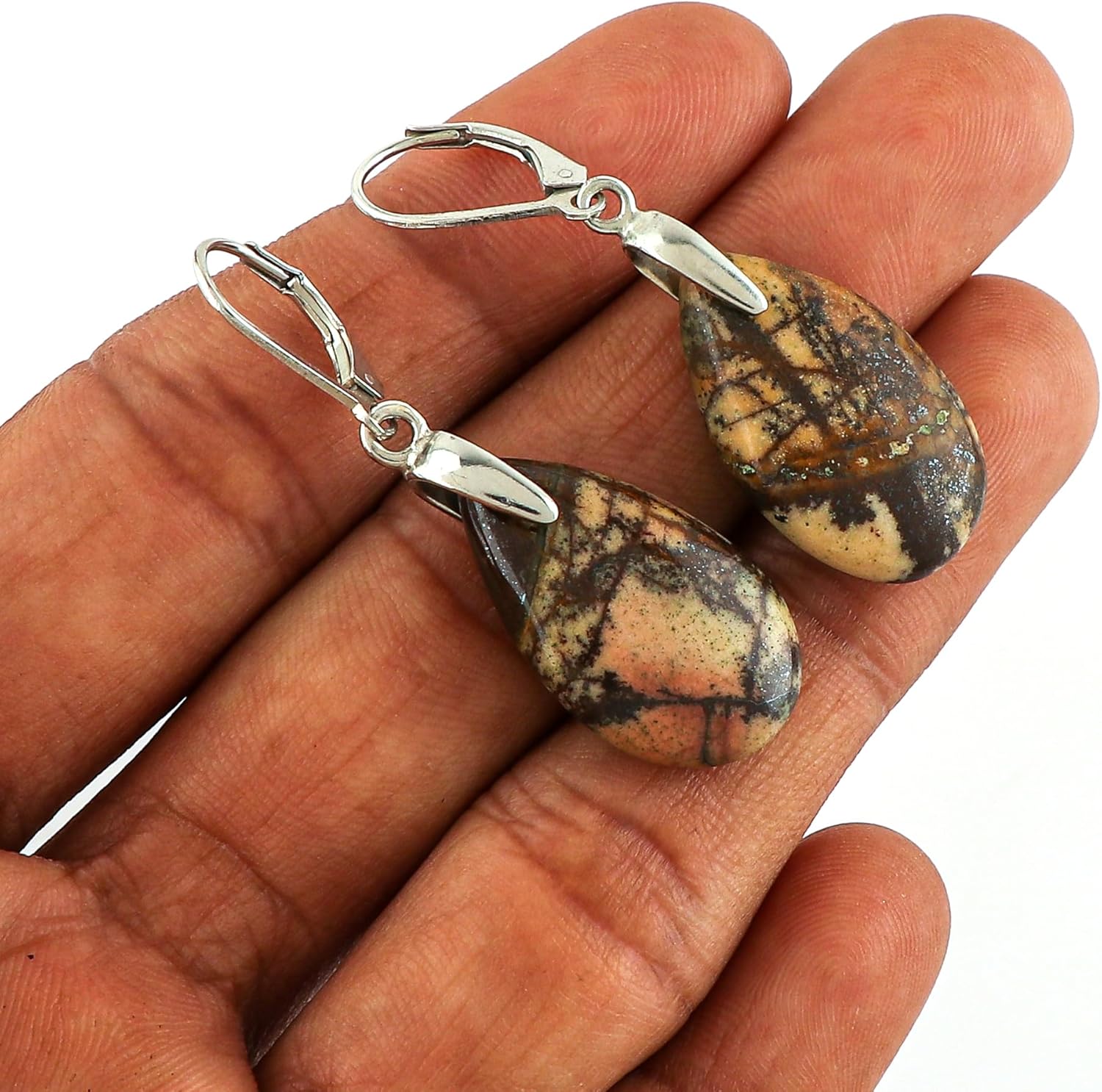 Natural Rosetta Jasper Gemstones Dainty Earrings, 925 Sterling Silver, Handmade, Bohemian, Cabochon Dangle Earrings, Birthstone, Jasper Jewelry, Bridal Earrings for Women - Image 5