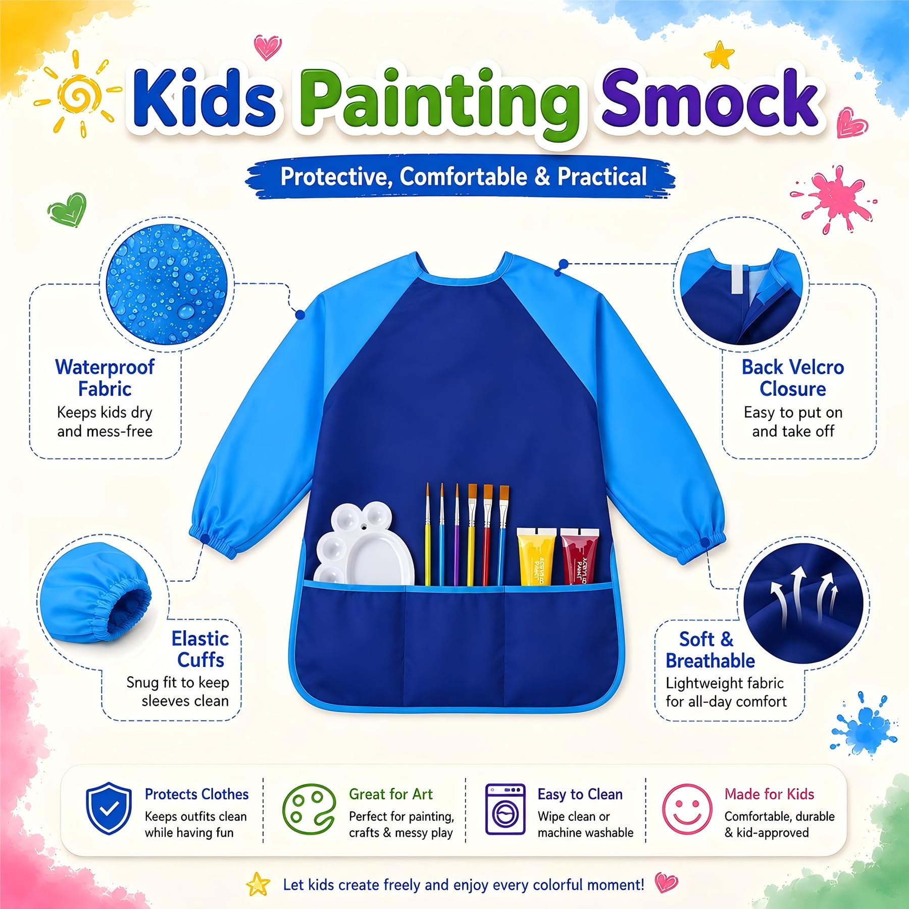 Fingerfarben Kinder Set, 12 Farben je 35ml, Waschbare Fingerfarben mit Pinsel, Mal-Schwämme, Malpalette, Falt-Eimer & Eltern-Kind Schürzen, Geschenk für Jungen 6-8 Jahre (Blau)