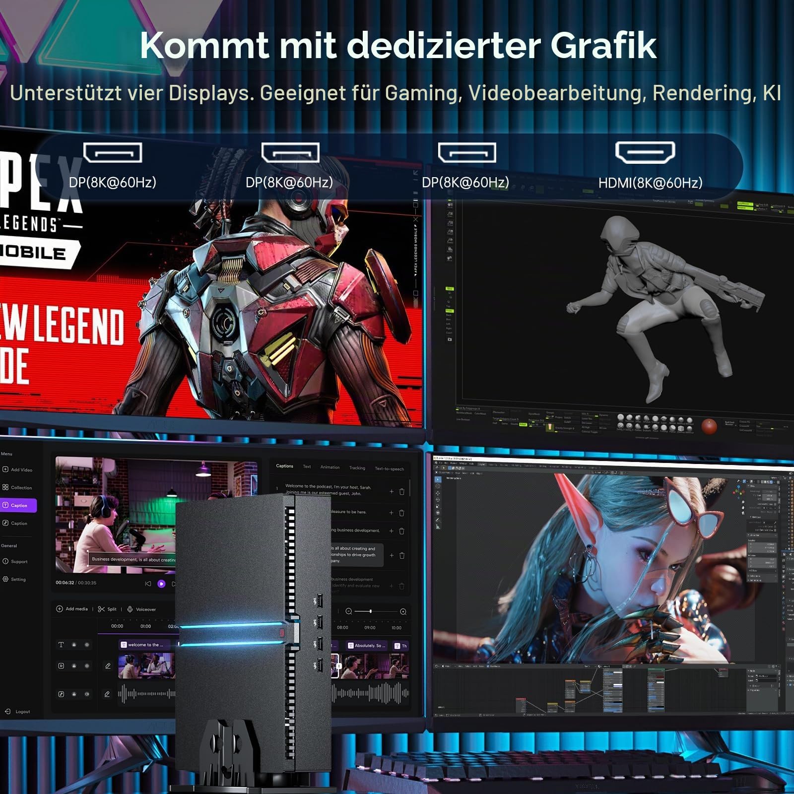 Mini KI PC, Intel Core i9-14900F 24-Core Prozessor der 14. Gen, 64GB DDR5 RAM, 1T PCIE 4.0 SSD, GeForce RTX 4070 12 GB GDDR6 Grafik, WiFi 6e, 8K, 1*HD, 3*DP, Windows 11 Pro