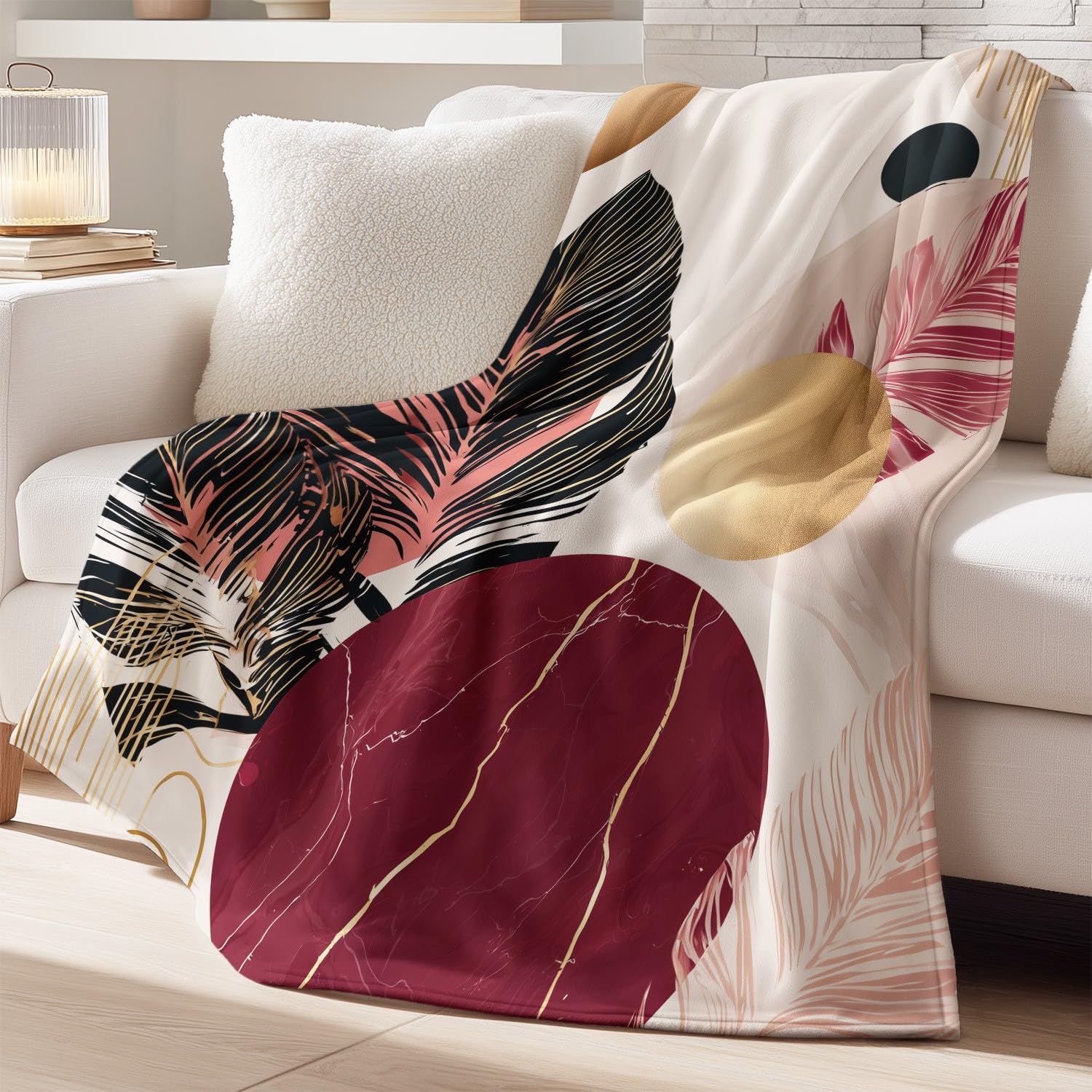 Générique Koc flanelowy w kratę 180 cm x 200 cm gruby jesienny koc polarowy ciepły, nowoczesny abstrakcyjny Boho delikatny luksusowy elegancki natura puszyste rośliny lekkie koce
