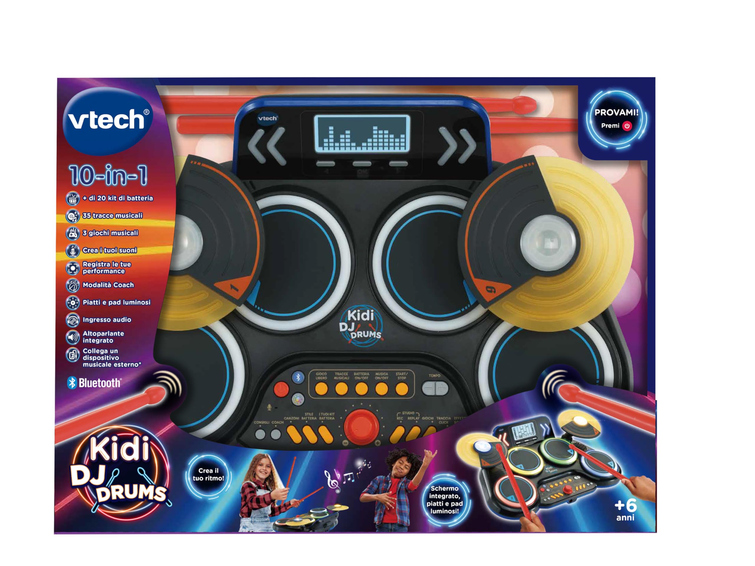 VTech Kidi DJ Drums, elektroniczny akumulator dla dzieci z podkładkami świecącymi, grami muzycznymi, trybem Bluetooth i wbudowanym mikrofonem, pałeczkami w zestawie, język włoski, baterie w zestawie,