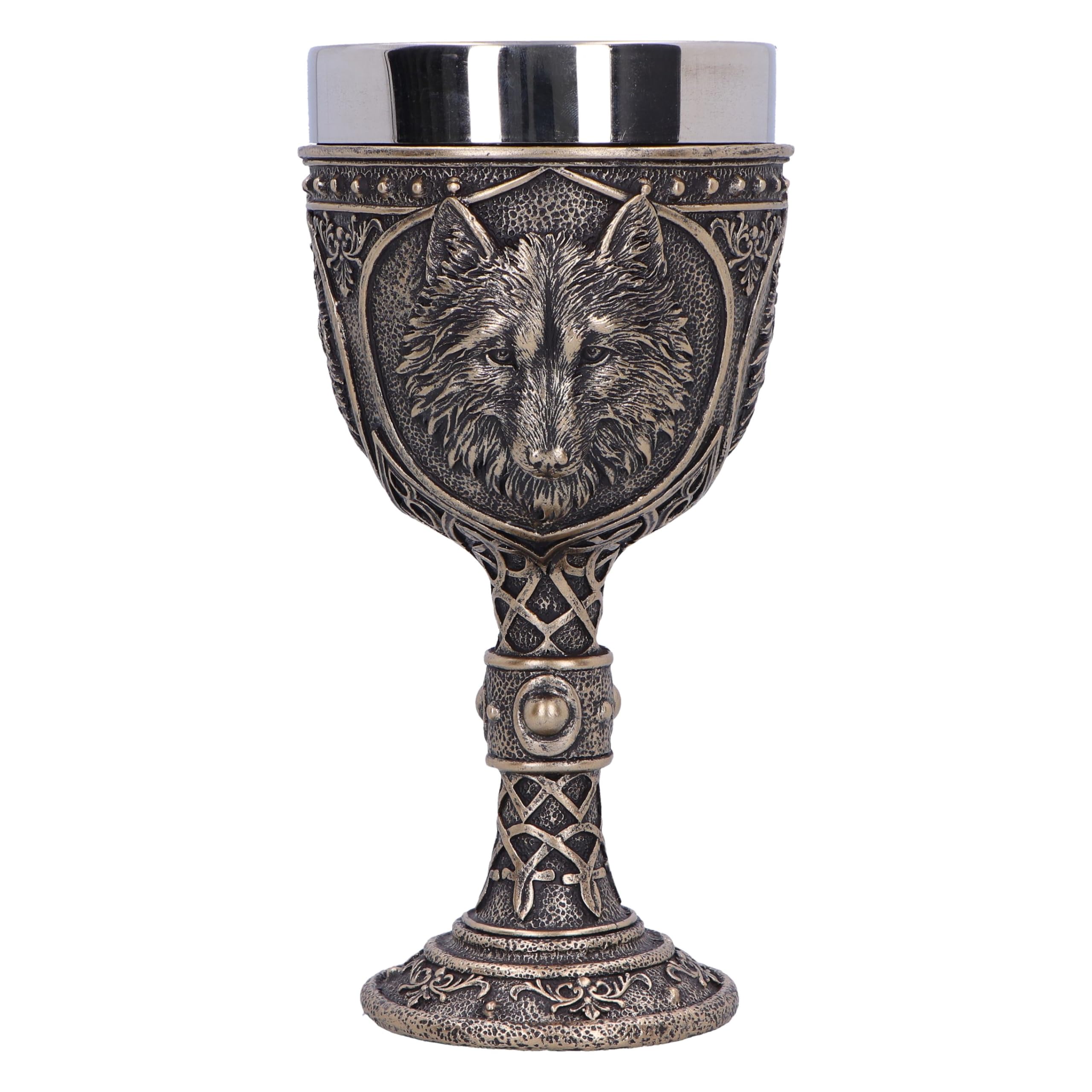 Nemesis Now Calice de soif sauvage de 20 cm, résine, bronze, calice de loup bronze, tige de détail de nœud, article cadeau loup, insert amovible en acier inoxydable, moulé dans la meilleure résine,