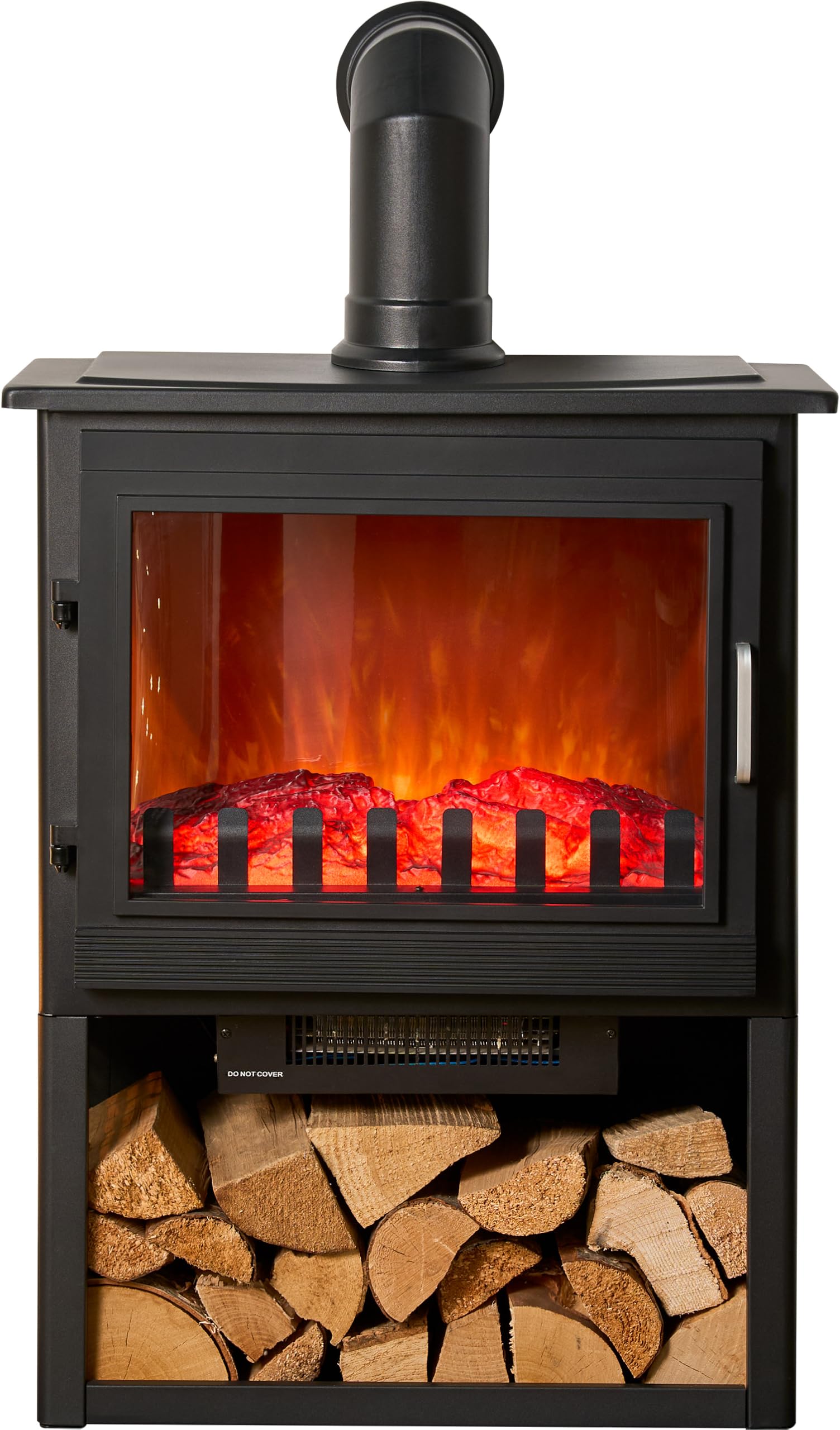 B&Q -  Marlow 3-Sided Electric Stove With Log Storage In Black & Angled Stove Pipe