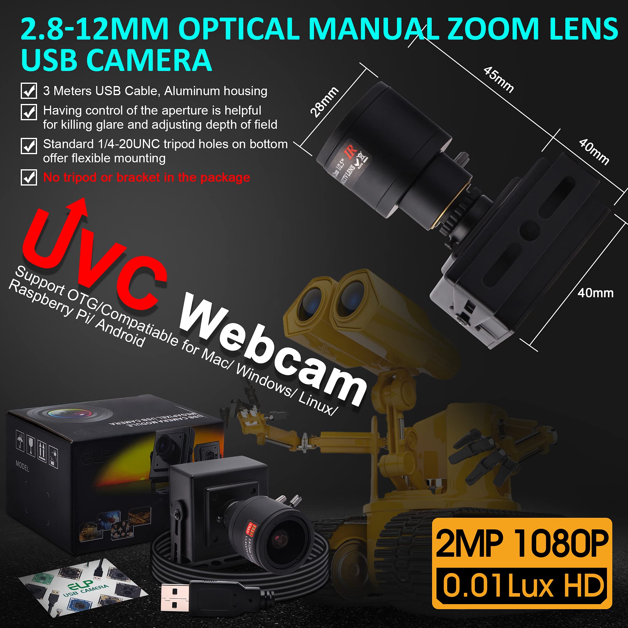 ELP Varifokus Objektiv Web Kamera 1080P USB Computer Business Webcam,2.8-12mm Zoom Objektiv,Weitwinkel,Plug & Play,2 Megapixel IMX323 Sensor 0.01Lux Streaming Web Kamera für Windows Android Linux
