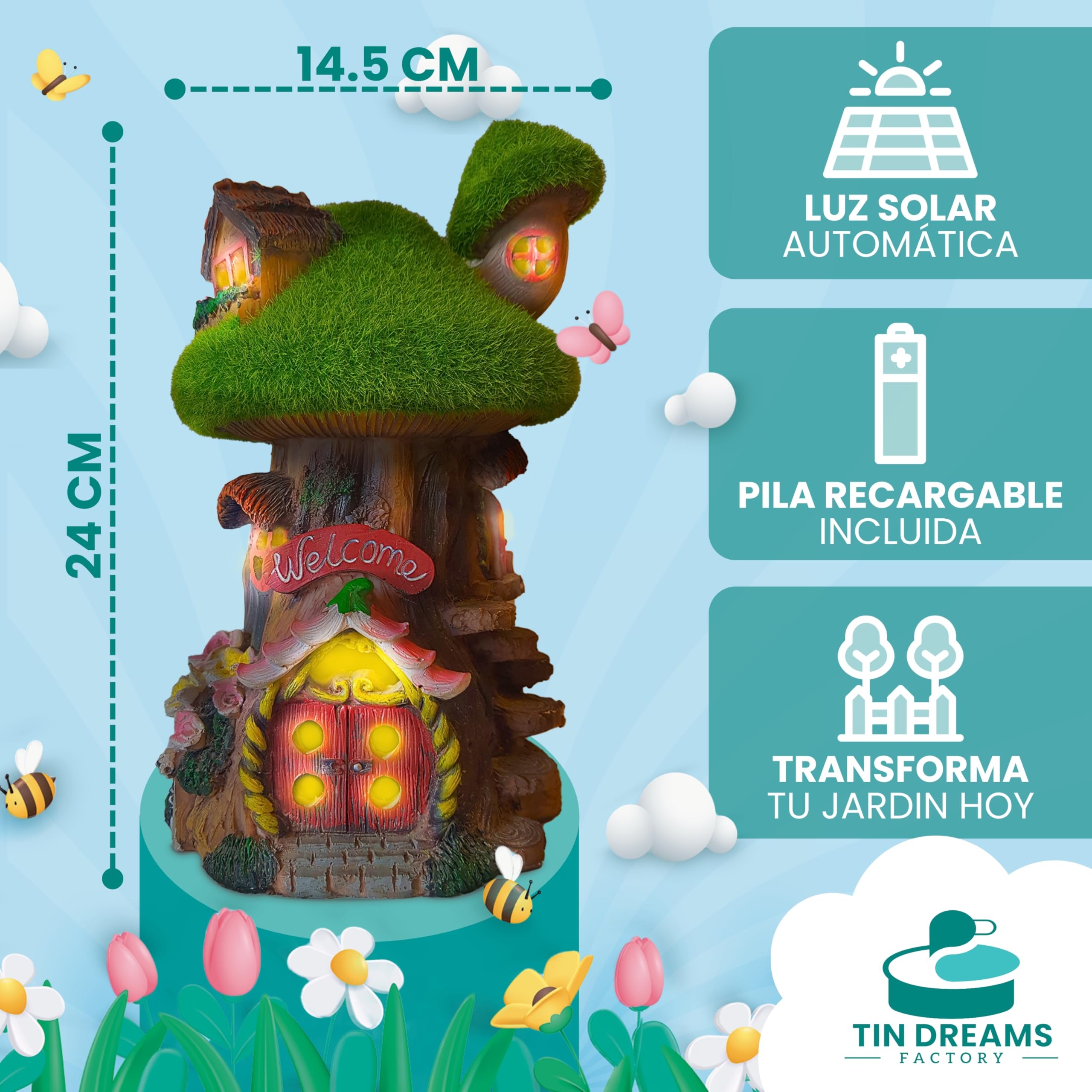Casita de Hadas para Jardín con Luz Solar - Fairy Tree House en Resina - Decoración Exterior Jardín, Patio, Terraza - Adorno Mágico con Luz LED para Ambientes Encantados