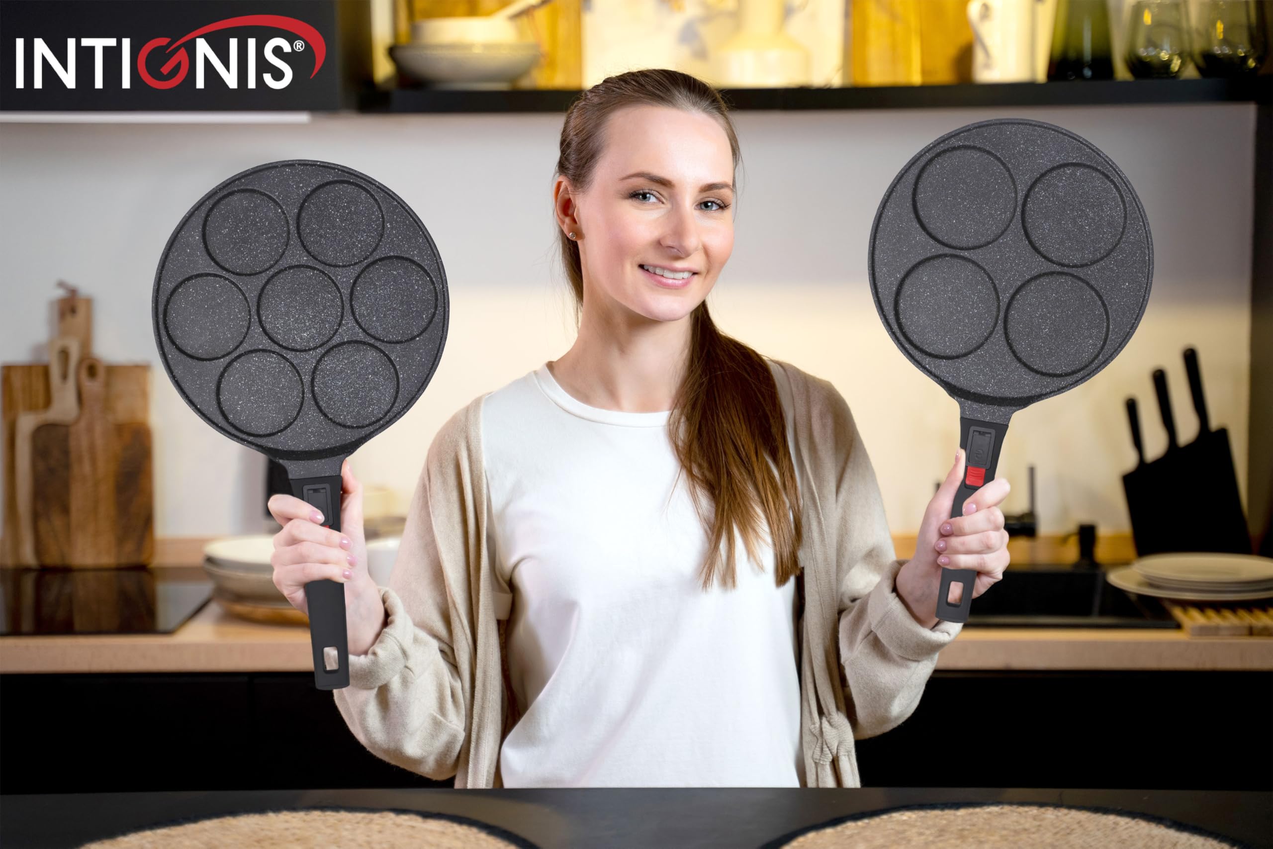 INTIGNIS® Padella antiaderente - Mini padella per pancake multiforo, padella per crêpes e pancake in stile americano con 4/7 fori per pancake individuali perfetti (7 - Smart)