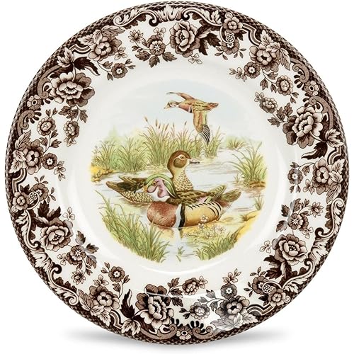 Spode Woodland Duck Dinner Plate - Game Bird Design, 10.5 Inch Fine Earthenware with British Flowers Border, Dishwasher, Microwave & Warm Oven Safe to 225°F - Made in England Wildlife Tableware