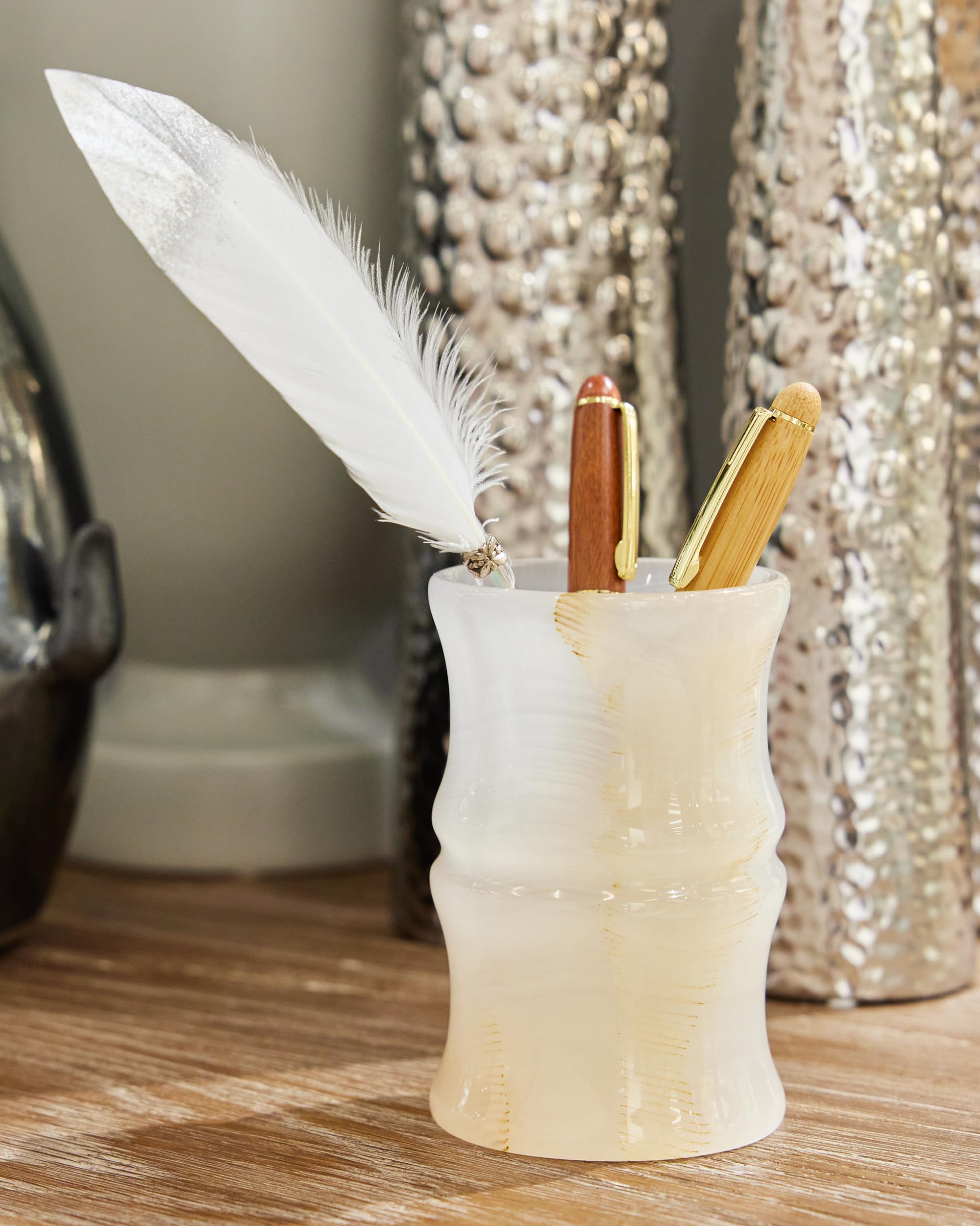 JMOIRE Afghanistan Natural Jade Stone Pen Holder for Desk, Elegant High-End and Unique Gifts, Home Office Desk Decor for Women and Men, Gifts for Seniors, Best Office Gifts Ideas. (Translucent)