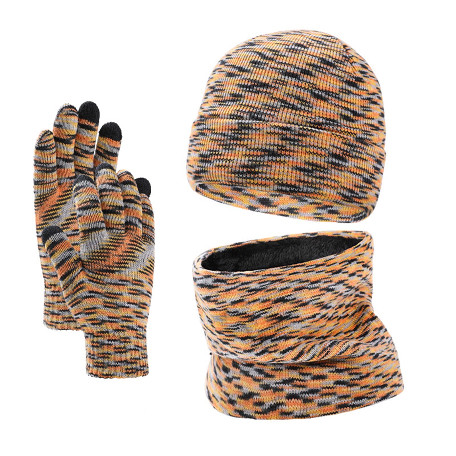 HOBEKRK Hat Caps for Boys Fitted Hat and Scarf Set for Women Hat Scarf and Gloves Set Ladies Mens Hats and Scarves Winter Teens Three-Piece Suit Keep Warm Plus Velvet Unisex Couples,Orange