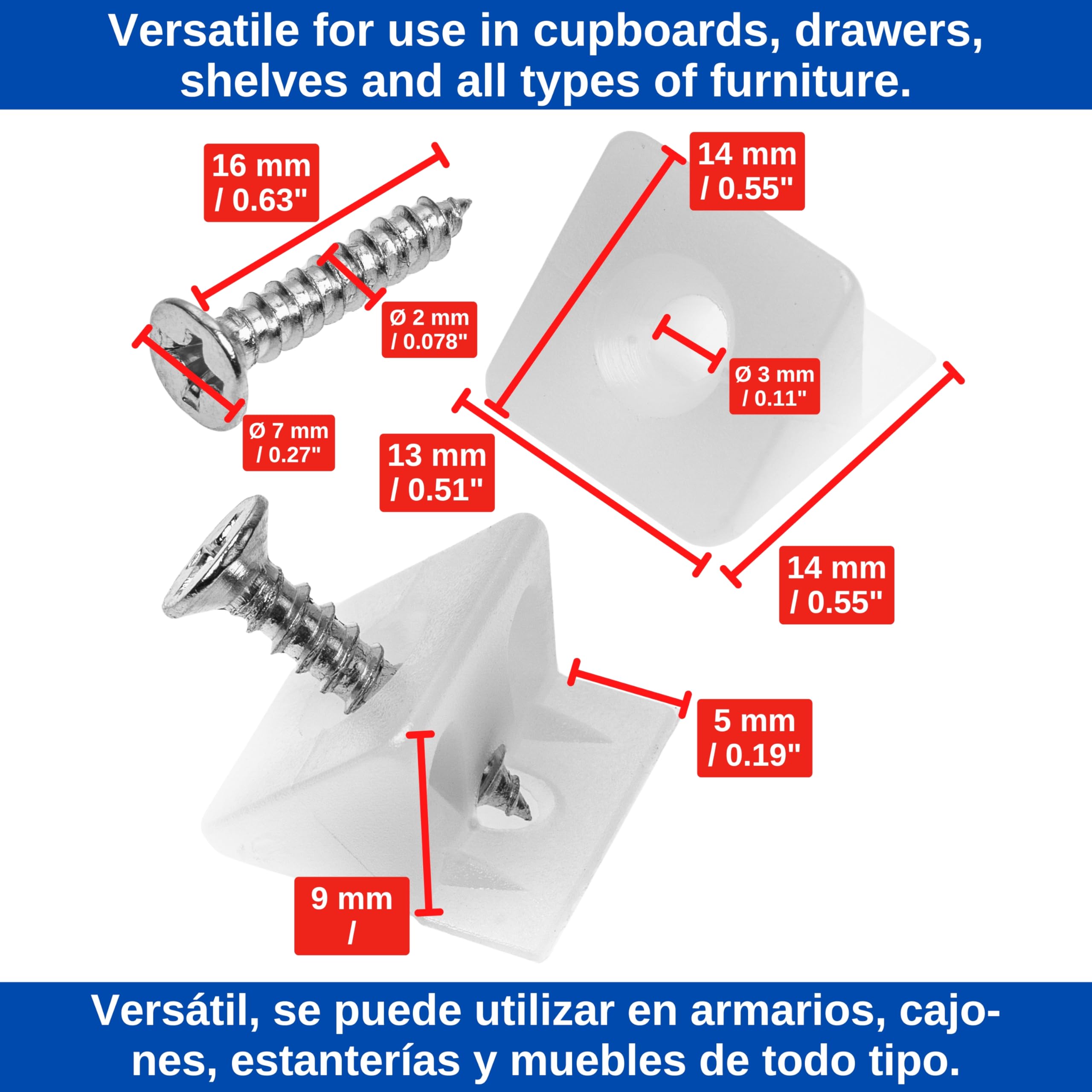 Cunei per mobili per fondi di cassetti e schienali di armadi, 30 cunei, incl. viti per legno M2 x 16 mm, in bianco, in plastica, angolare a L 14 x 9 mm, connettore per pannello posteriore dell'armadio