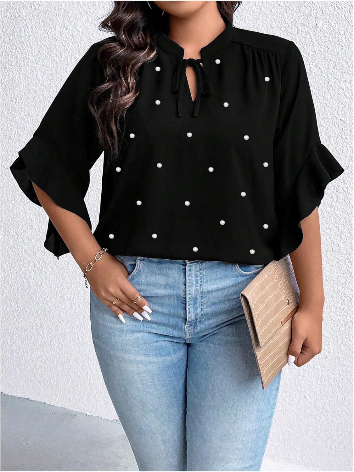 Floerns Women's Plus Size Pearl Beaded Tops Elegant Tie Neck Flounce Sleeve Dressy Casual Blouses - Image 5