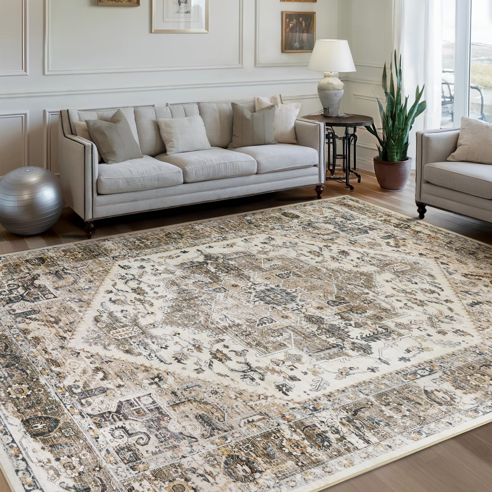 area rugs for living room 9x12 feet - large machine washable vintage oriental soft rug, low pile thin carpet with non slip backing for bedroom, dorm, under dining room table, indoor house, office decor