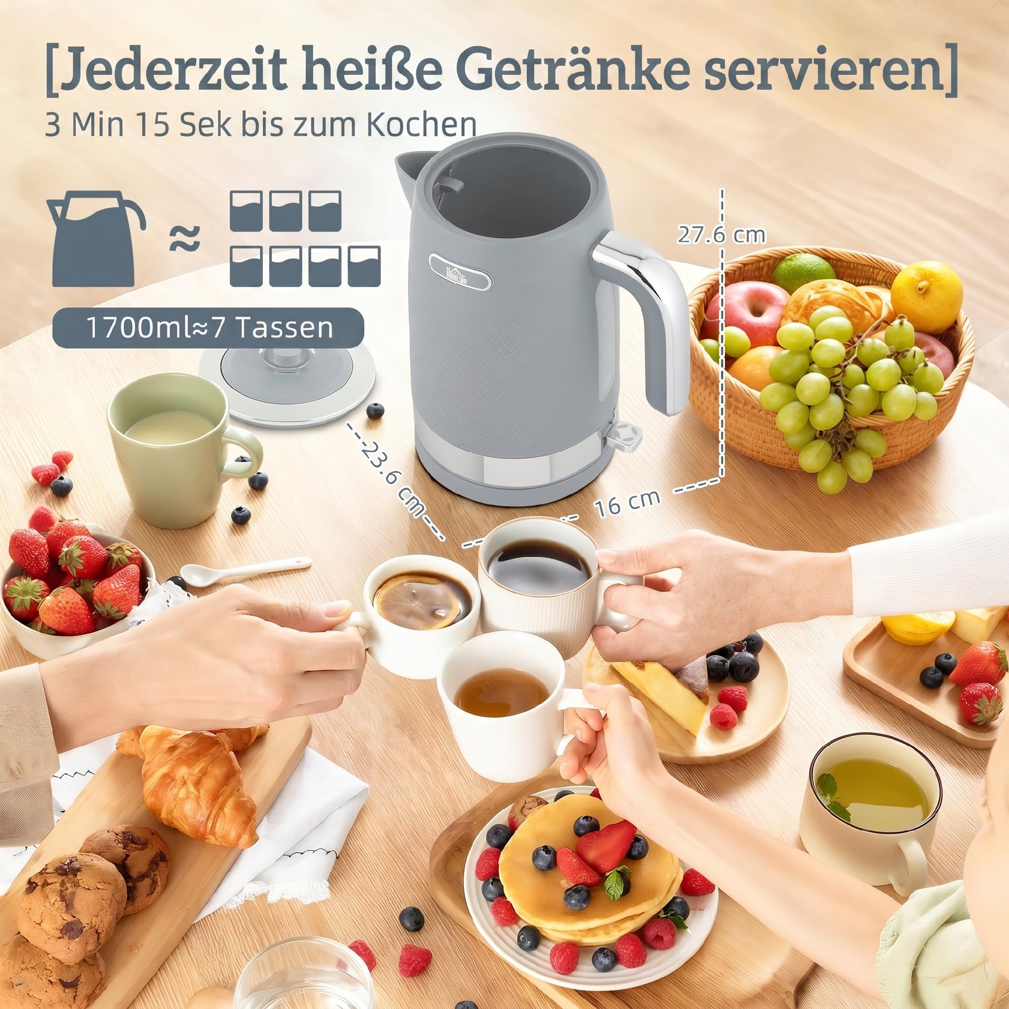 HOMCOM Bouilloire et grille-pain 1,7L 2200W Thermostat 4 tranches Gris