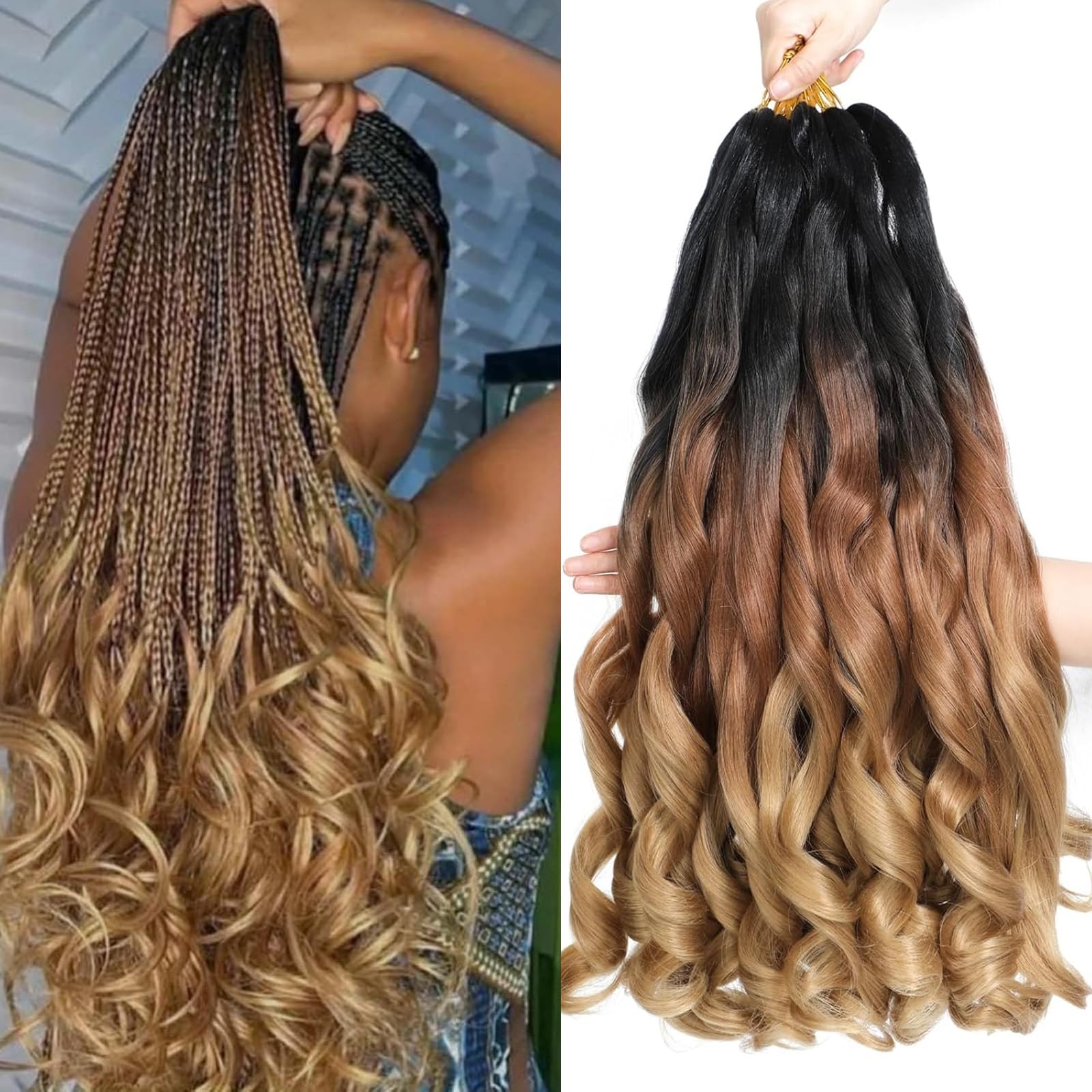 Locescsoc 24 Inch French Curls Braiding Hair 8 Packs Spanish Curly Braids Pre Stretched Loose Wave Soft French Curl Synthetic Braiding Hair Extensions for Women (1B/30/27
