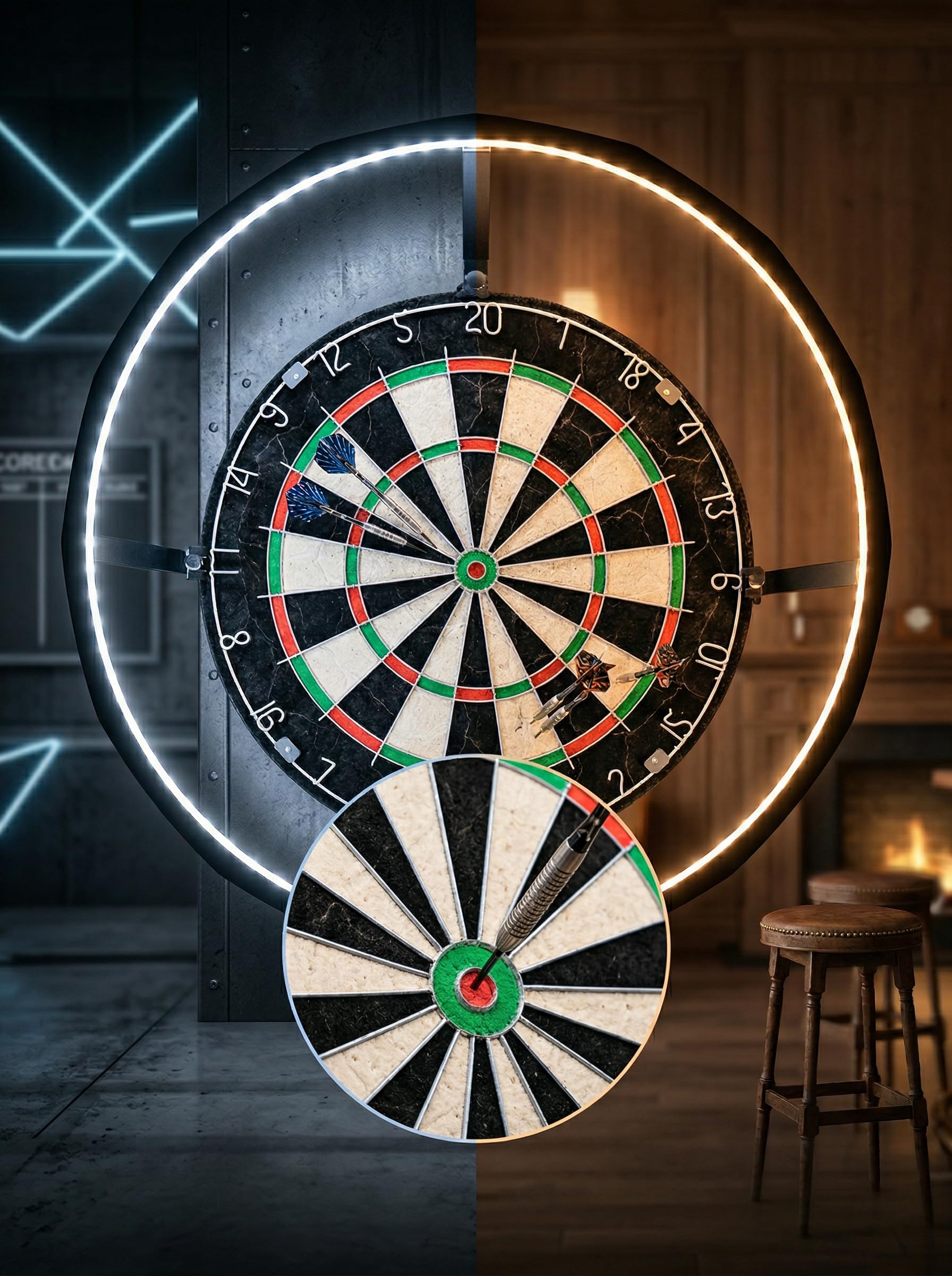 Eclairage Cible Flechette LED 360°, Éclairage Ultra‑Brillant et sans Ombre, Fixation Simple par Clips, Installation Rapide, Lumiere Cible Flechette Parfait pour Salles de Jeux et Clubs