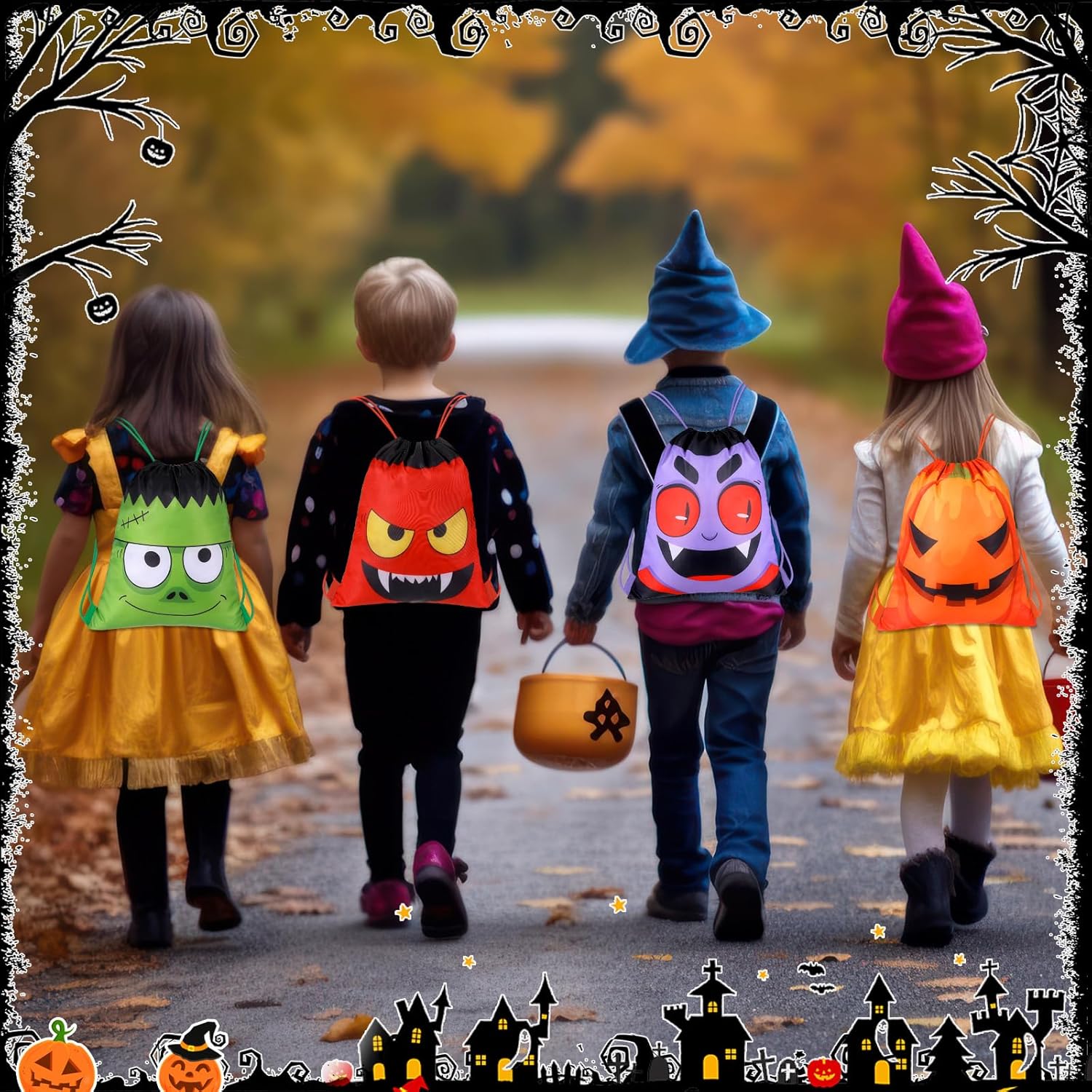 Shihanee 36 Pcs Halloween Drawstring Bags Set Bulk - Halloween Drawstring Backpack Party Supplies for Gym Supplies (Cartoon Style)