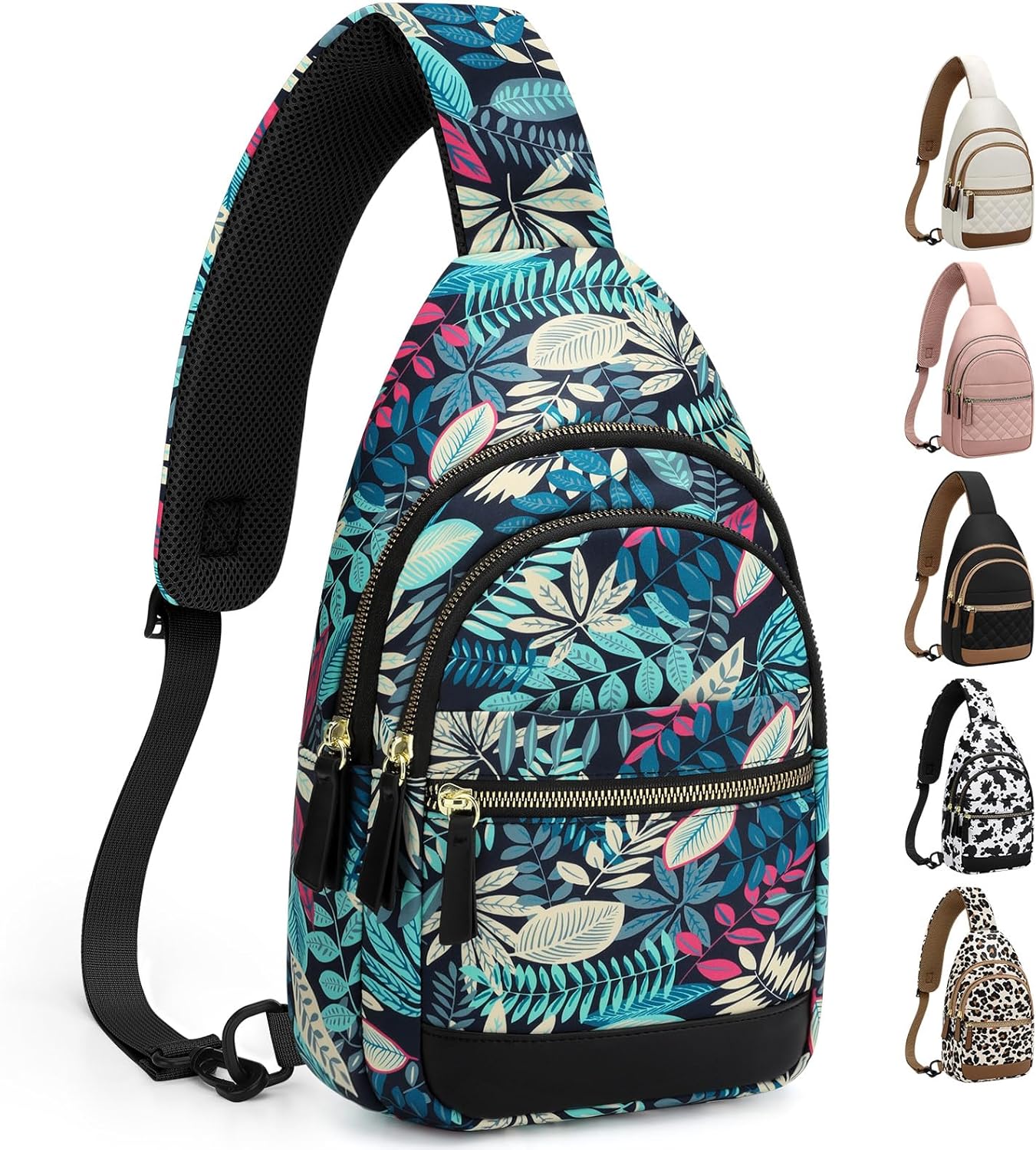 Capolo Sling Bag for Women Men Waterproof Crossbody Bags for Women Trendy Casual Fanny Pack with Convertible Shoulder Strap Chest Bag for Travel Hiking(Blue Leaves, Medium)