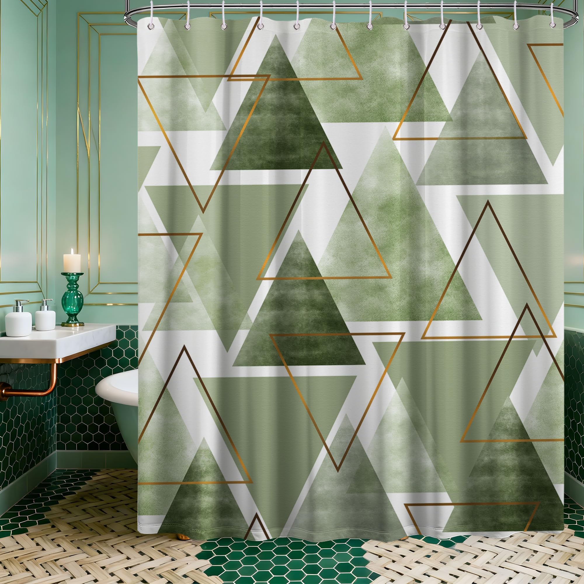 Uiyiui Multicolor-6 Green Geometric Shower Curtain 33X83in/85X210cm/Wxh Gold Abstract Modern Shower Curtains For Bathroom Stall Bathtubs Decor, Machine Washable Waterproof Fabric With Hooks