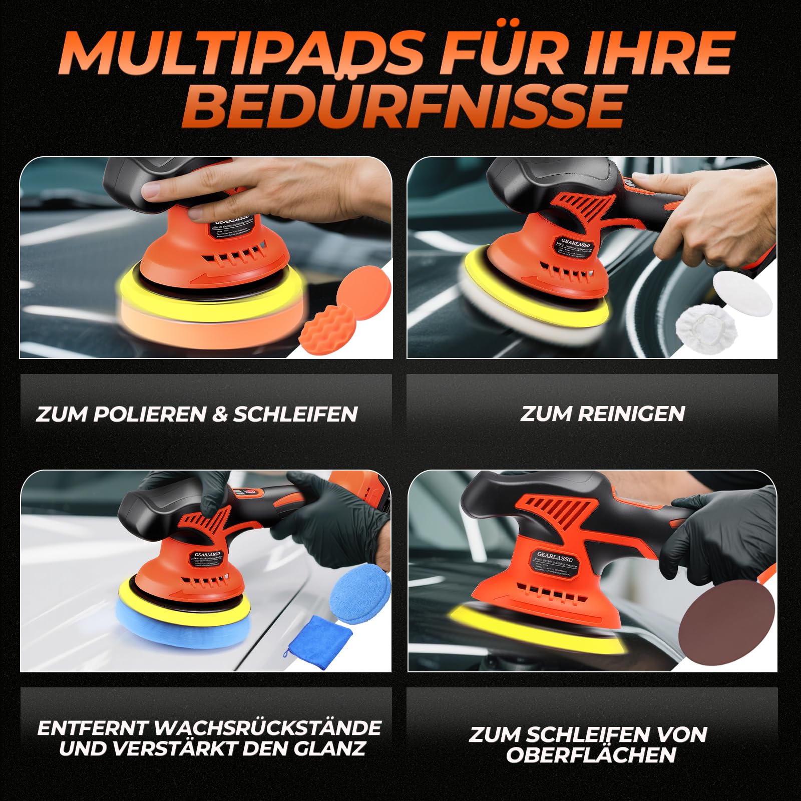 Poliermaschine Auto Akku, 8 variablen Geschwindigkeiten, 2800–6000 U/min, kabellose Auto-Poliermaschine mit 2x 21V 2.0Ah Akkus und 17-teiligem Polierset für die Auto-Detailpflege und Kratzerentfernung
