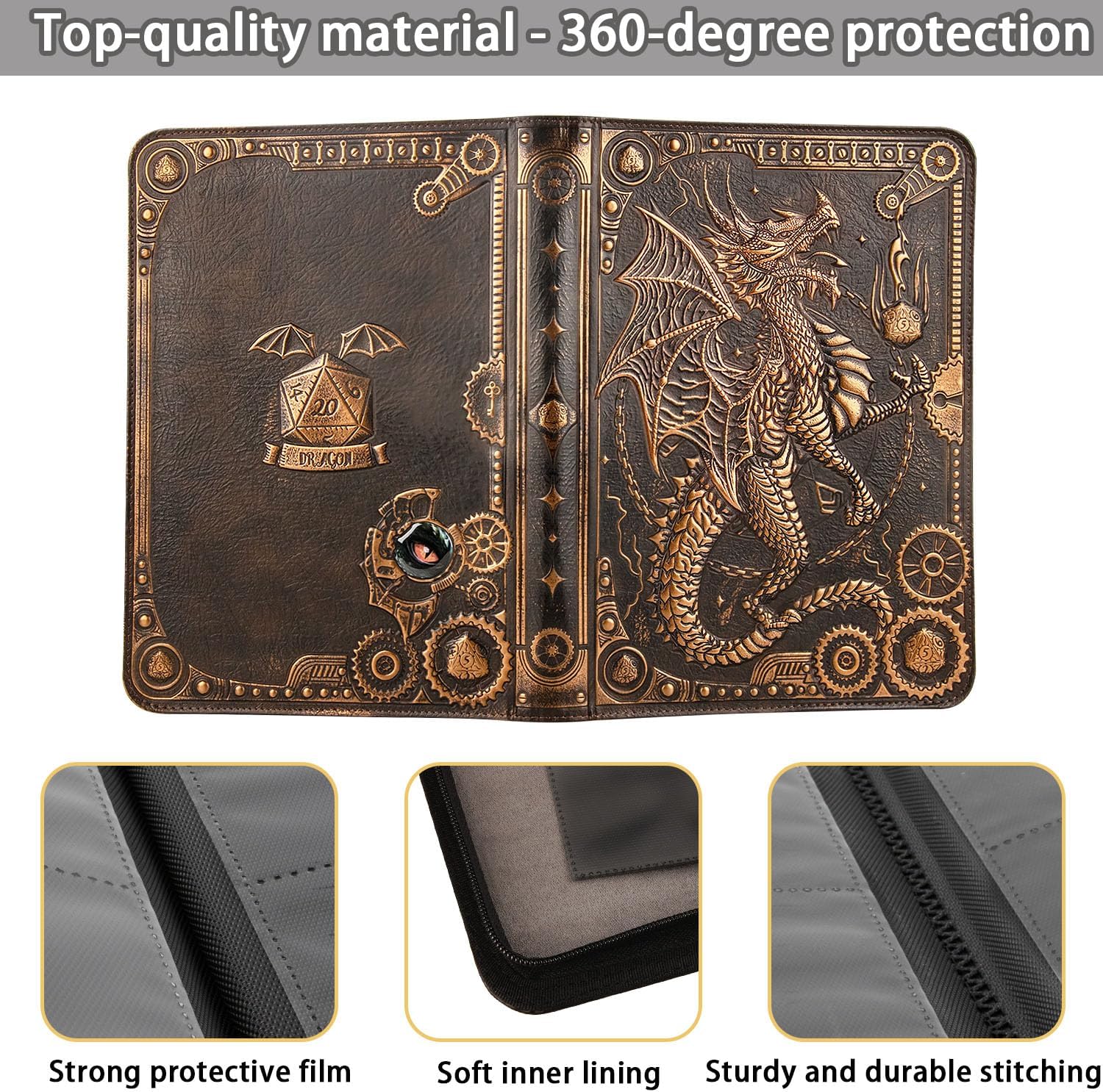 9 Pocket Card Binder-Premium Zip Trading Card Binder-Collector Album Binder-3D Dragon PU Leather Card Folder-360 Double Sided Pocket for TCG、MTG、Lorcana、Pokmon、Sports Cards Safe Storage（Red Copper)