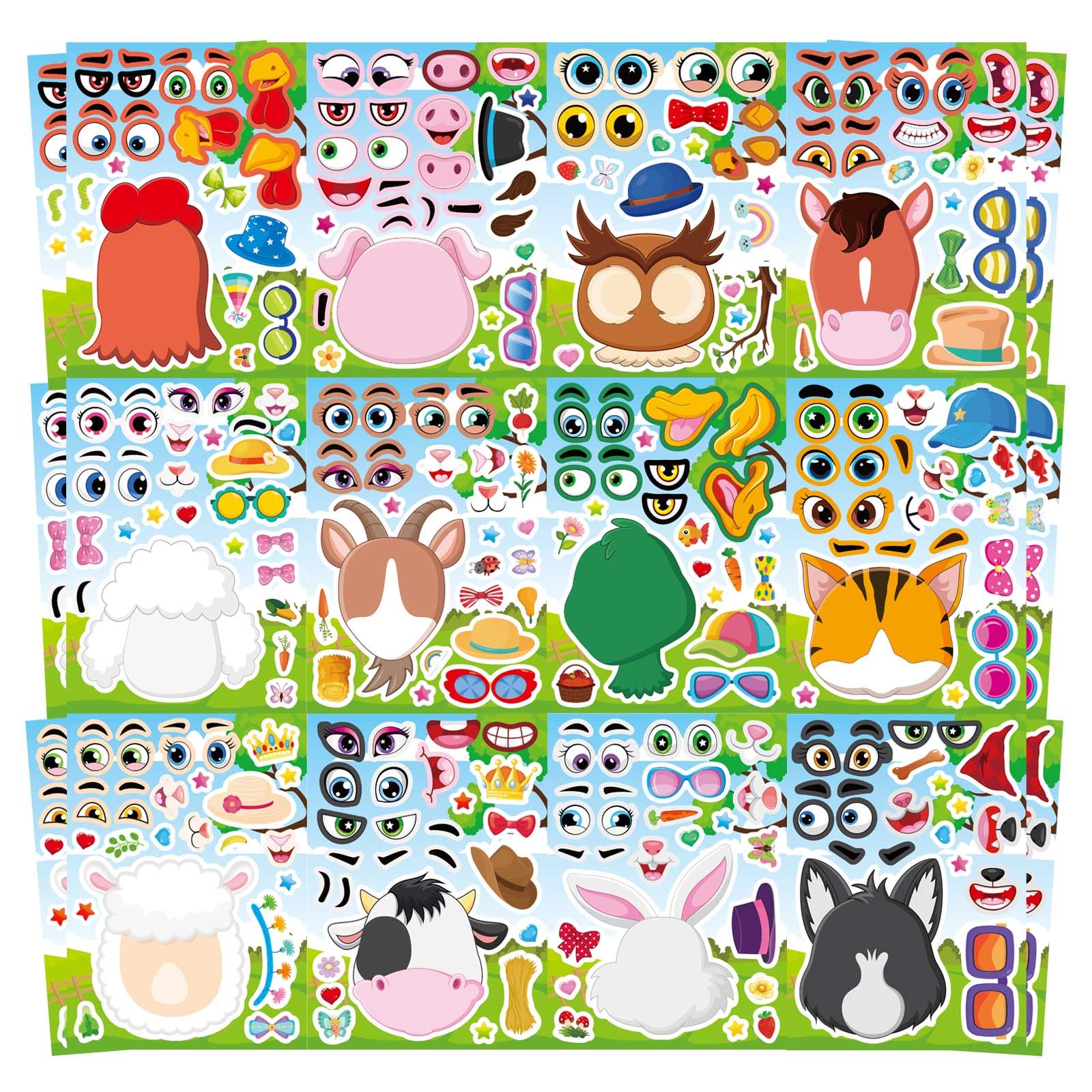 Farm Animal Stickers 24 Pack - Make a Face Sticker Sheets for Kids (9"x6" Reusable), Farm Make a Face