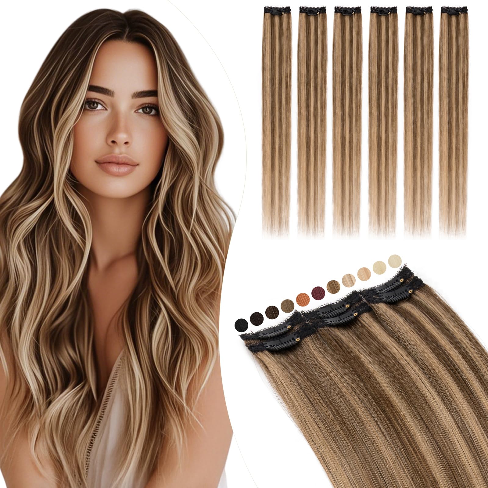 Elailite Extension Clip Cheveux Humain Natural Rajout Cheveux Vrai Lisse 6 Bandes Silk Lace 31g Ajouter Volume/Balayage (25cm, #4+27 MARRON CHOCOLAT MECHE BLOND FONCE)