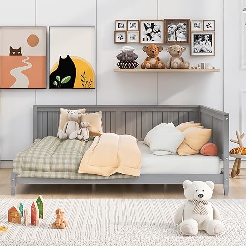 Miniatura 20 de JINS&VICO Sofá cama, cama de madera tamaño individual, cama de día moderna de mediados de siglo con marco de madera, sofá cama con respaldo y