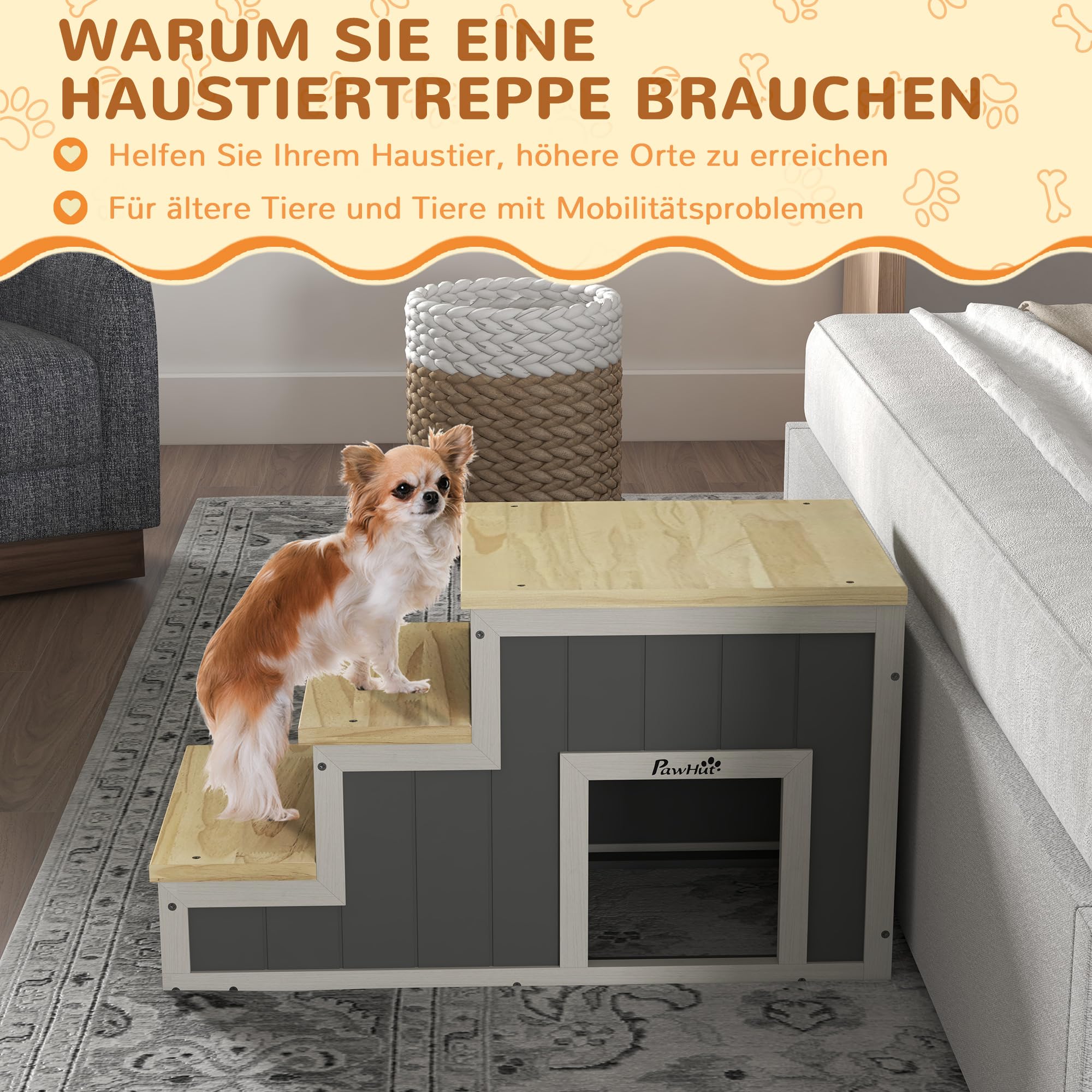 PawHut 2-in-1 Hundetreppe, Katzentreppe mit Höhle, Haustiertreppe mit 3 Stufen, Haustierrampe aus Holz, Katenleiter bis 8 kg Belastbar, für Sofa, Bett, Natur, Grau