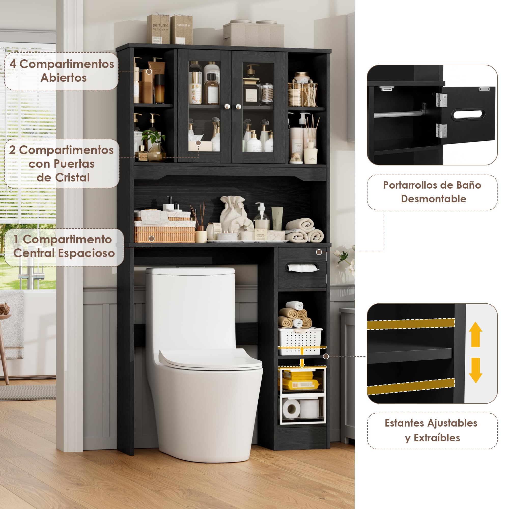 FOREHILL 173cm Mueble sobre Inodoro, Armario Baño, Gran Capacidad, Negro | Mueble Alto para Lavadora, Estanteria Baño, con Estante Ajustable, 2 Puertas, Soporte para Papel Higiénico, 89x20x173cm