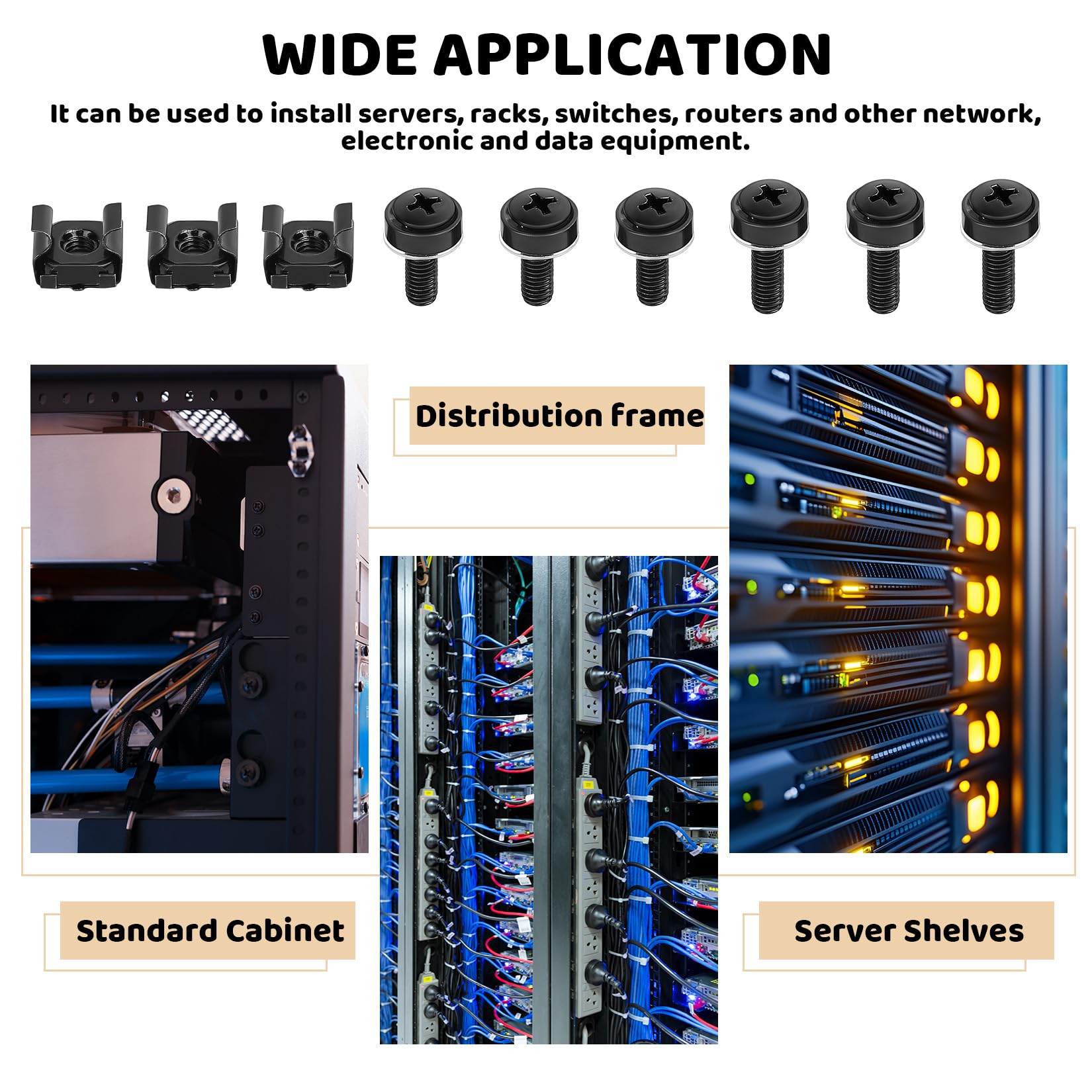 Set di 110 dadi a gabbia M6, dadi e viti per armadi di rete, server, con 22 fascette (nero)