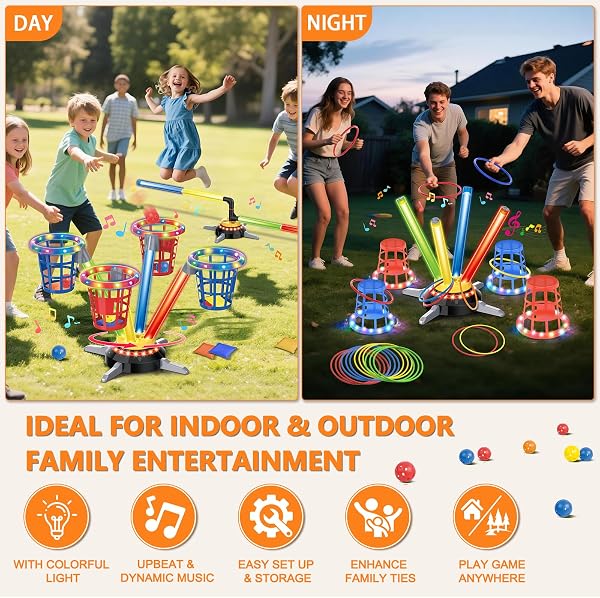 TERRAMUS 3 in 1 Bean Bag Ring Toss Game for Kids, Rechargeable Musical Jumping Games w/LED Light & Remote, Electric Spinning Base, Sandbags, Rings, Carnival Indoor Outdoor Sport Toy for 3+ Boys Girls - 5