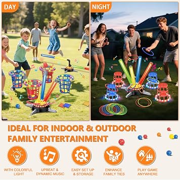 3 in 1 Bean Bag Ring Toss Game for Kids, Rechargeable Musical Jumping Games w/LED Light & Remote, Electric Spinning Base, Sandbags, Rings, Carnival Indoor Outdoor Sport Toy for 3+ Boys Girls