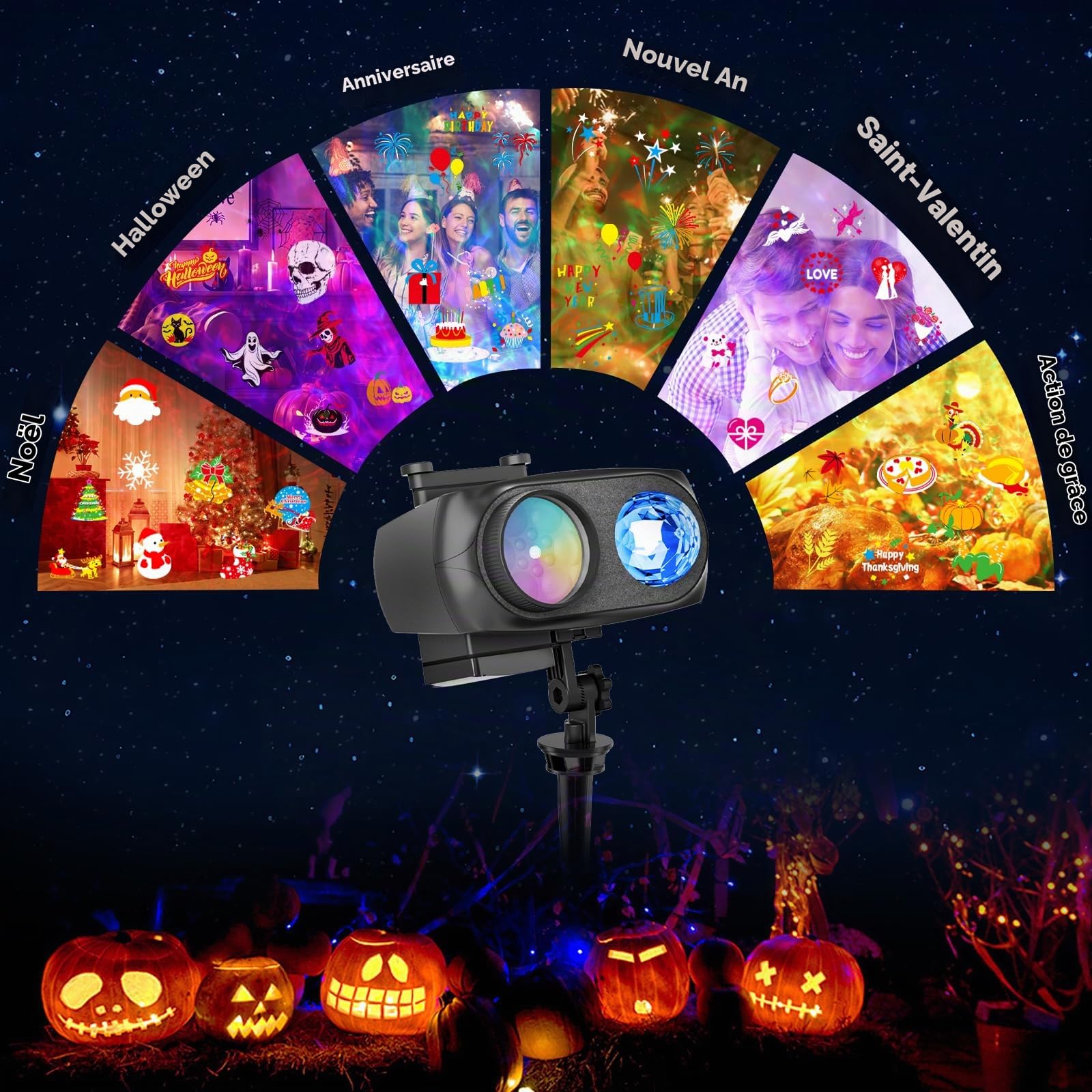 Lampe Projection Halloween Extérieur, 2 en 1 Holographique avec 12 Diapositives 8 Motifs 10 Couleurs Vague, Étanche avec Télécommande Minuterie pour Décoration Noël