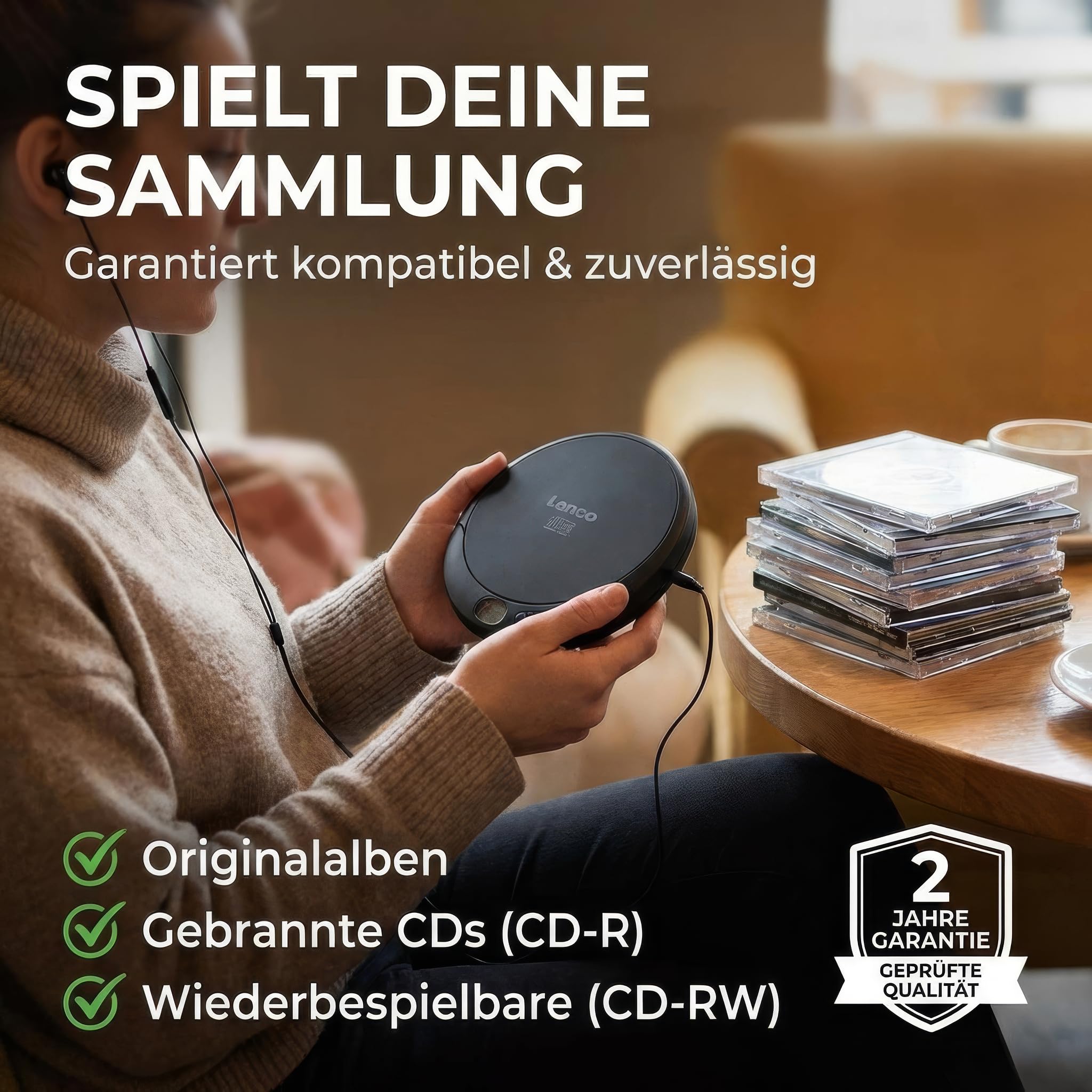 Lenco CD-010 - CD-Player - auch für Kinder - Discman - Tragbar - CD Spieler | CD Walkman - Mit Kopfhörern und Micro USB Ladekabel - Schwarz