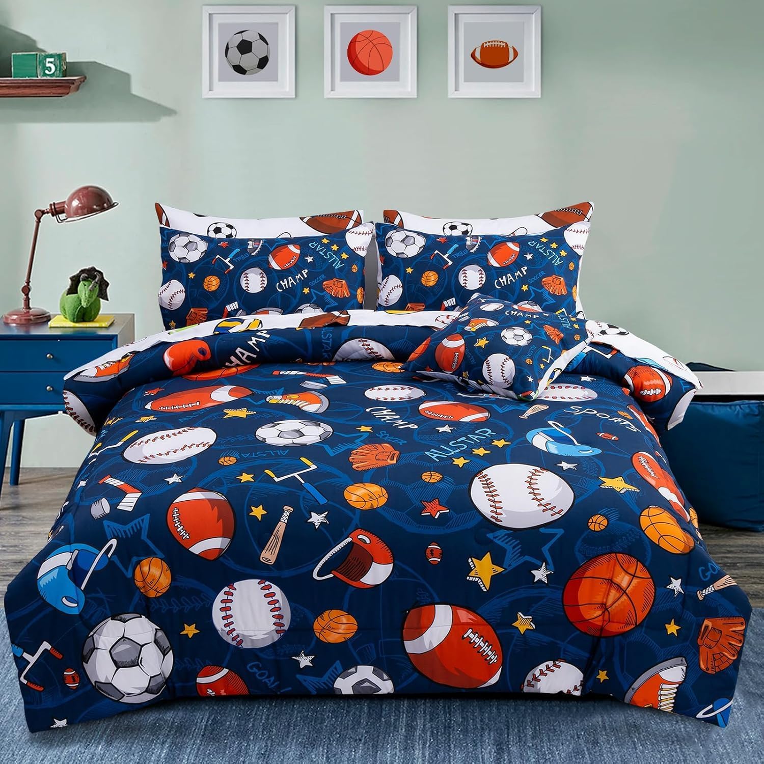 A Nice Night 6Pcs Bed in A Bag Queen Sports Microfiber Modern Comforter Set,Navy Rugby Ball Printed Bedding Collections,for Boys Kids Teen