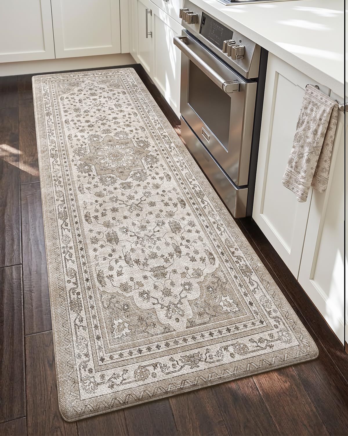 color&geometry kitchen floor mats anti fatigue, cushioned boho rugs,waterproof non slip kitchen runner for sink, standing mats for office,24"x59",beige