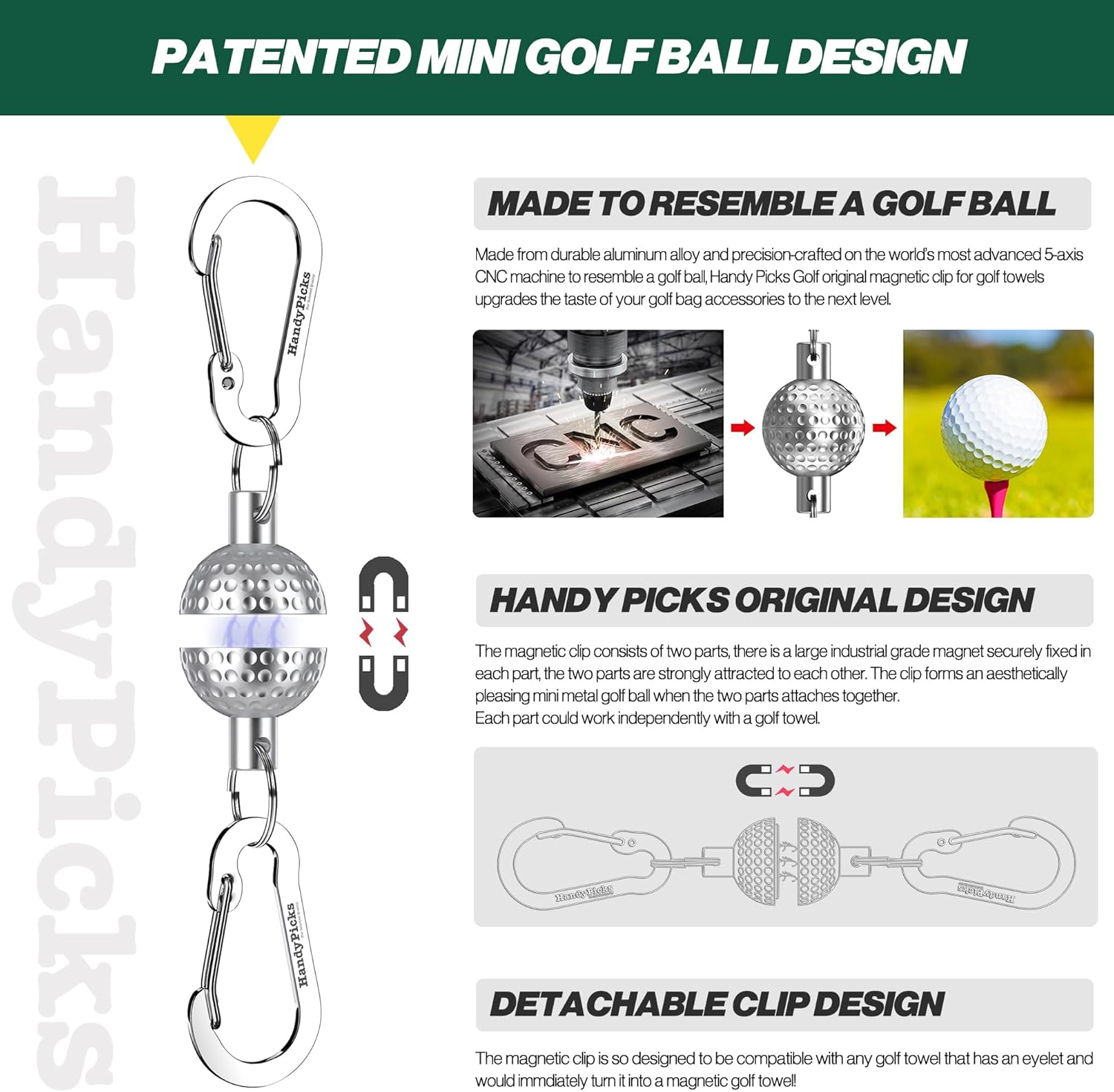 Handy Picks Magnetic Golf Towel Clip – Patented Mini Golf Ball Design – Convert Any Golf Towel with Eyelet into Magnetic Towel – Strong Magnet Holder for Cart, Bag & Clubs