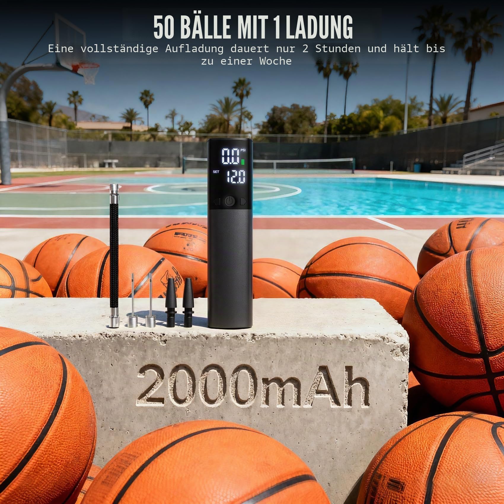 Elektrische Ballpumpe, tragbare automatische Ballpumpe für schnelles Aufpumpen von Bällen mit präzisem Manometer und digitalem LCD-Display für Basketball, Fußball, Volleyball (2 Nadeln und 1 Düse)