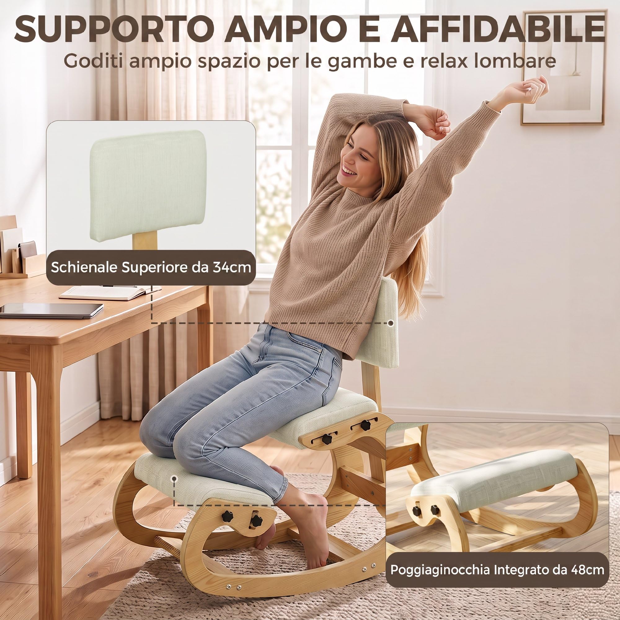 HOMCOM Silla ergonómica de Rodillas con Respaldo, Base Mecedora de Abedul, Tela Tipo Lino y Espuma, para casa/Oficina, Blanco Crema