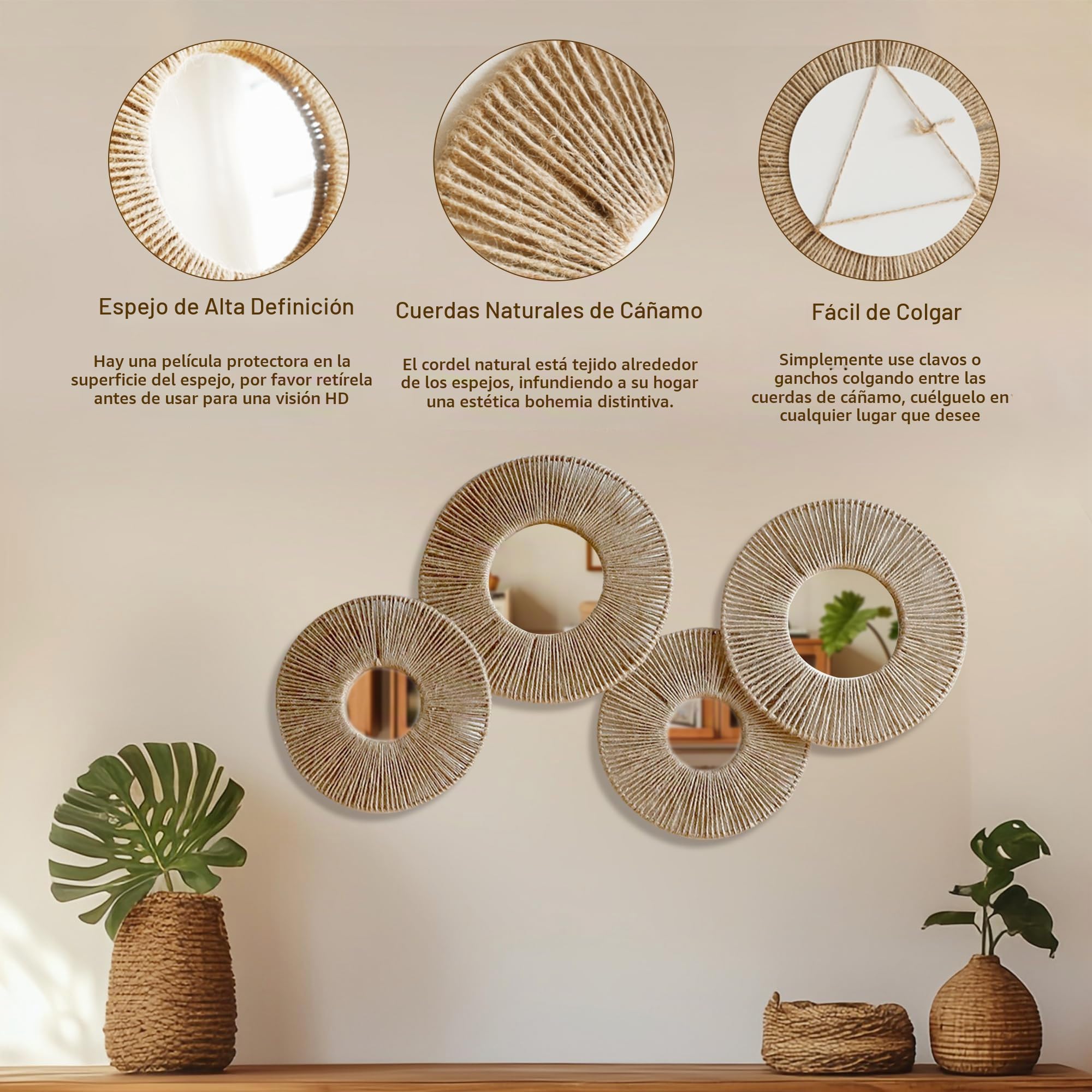 Juego de 4 cestas colgantes para pared, cesta de mimbre tejida decorativa bohemia para colgar en la pared, espejos redondos rústicos, yute natural, decoración del hogar, dormitorio, sala de estar | Cesta de mimbre tejida, yute rústico de granja, dormitori