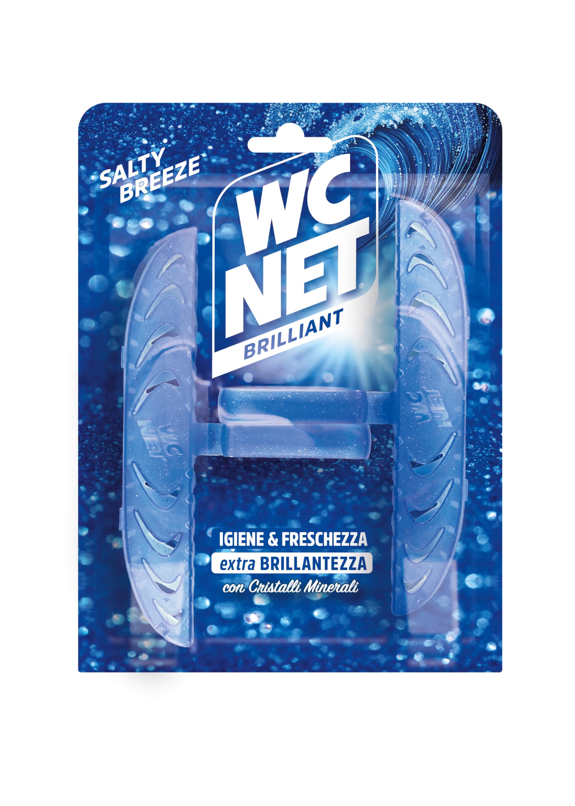 Wc Net - Tavoletta Brilliant Salty Breeze, Detergente Igienizzante Solido per Wc, Igiene e freschezza continua, Texture Glitterata e Profumo di Lunga Durata, 2 Pezzi