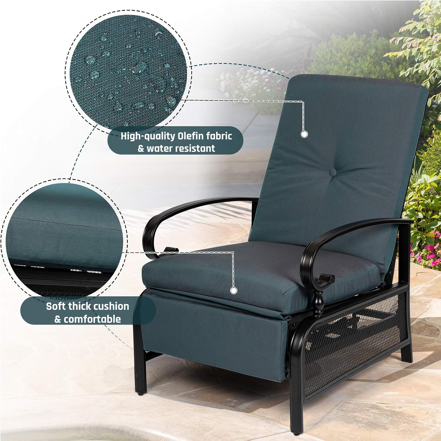 SUNCROWN Outdoor Recliner Chair Patio Adjustable Relaxing Chairs Outdoor Metal Furniture Chair with Thick Cushion(Peacock Blue)