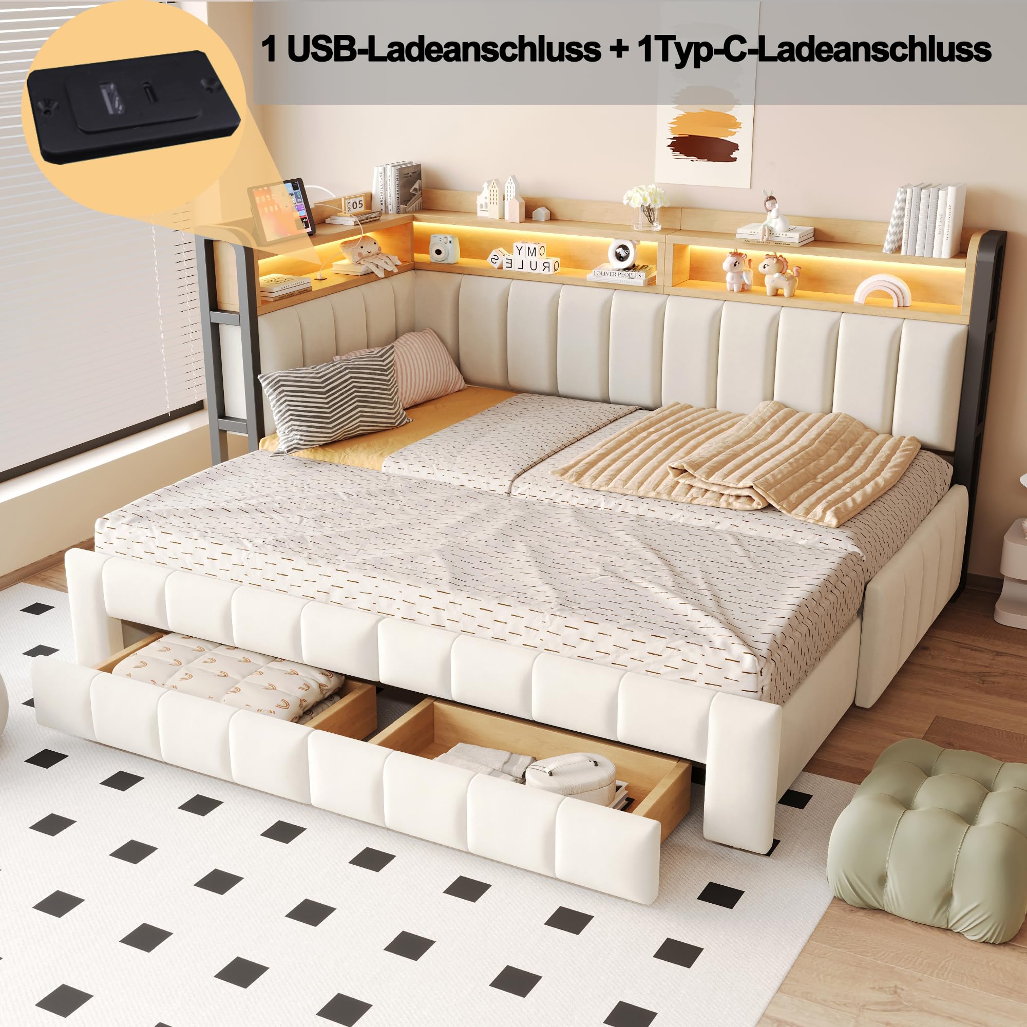Schlafsofa 180x200 mit Zwei Schubladen und Gepolsterter Rückenfläche Stauraumbett Sitz und Liegefunktion mit Stoffbezug Polsterbett mit 2 Schubladen mit Integriertem Stauraum Schlafzimmer