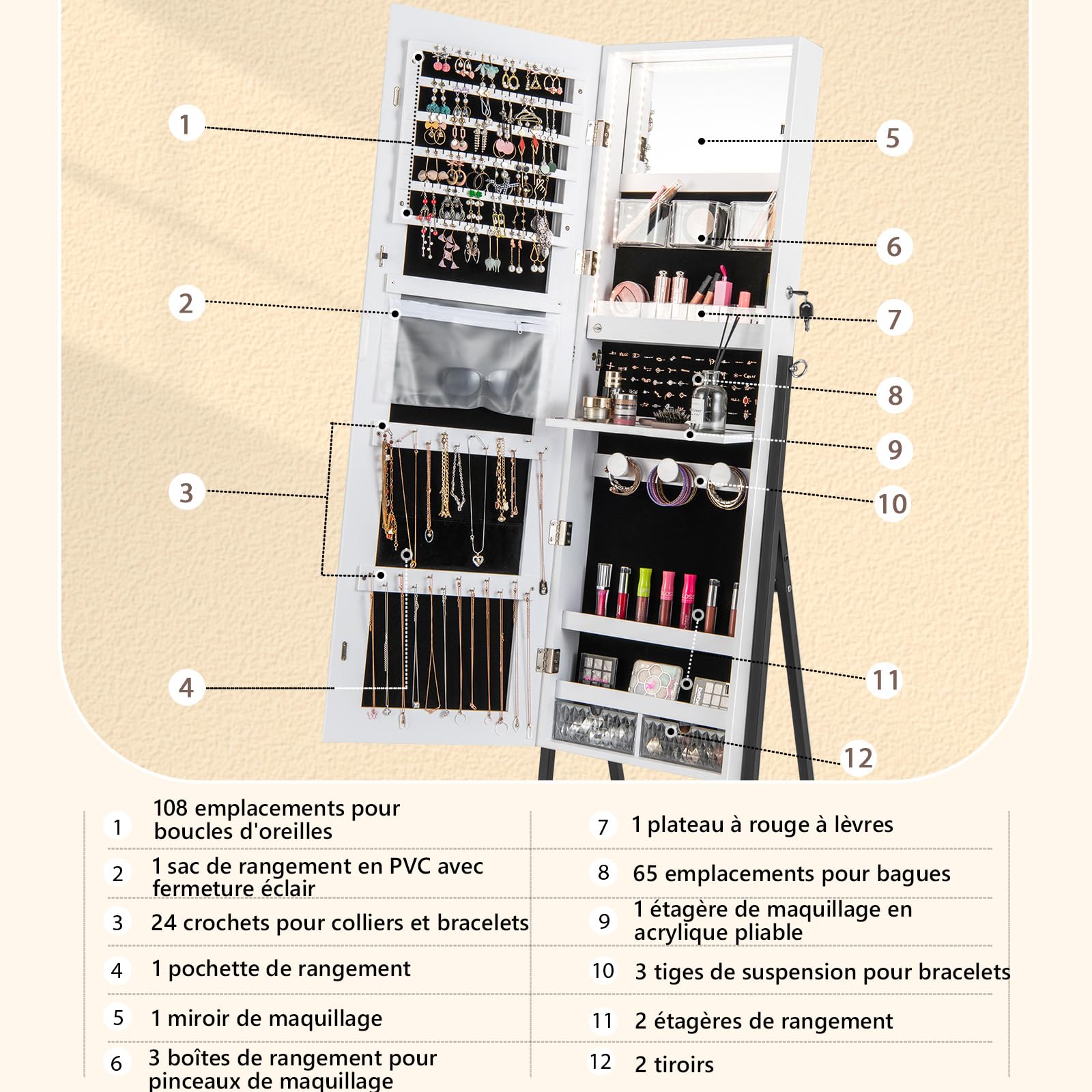 COSTWAY Armoire à Bijoux LED, Armoire de Rangement sur Pieds Verrouillable, Miroir Pleine Longueur HD, Lumières LED 3 Couleurs, Miroir Intérieur, pour Boucles d'Oreilles, Bagues, Colliers (Blanc)